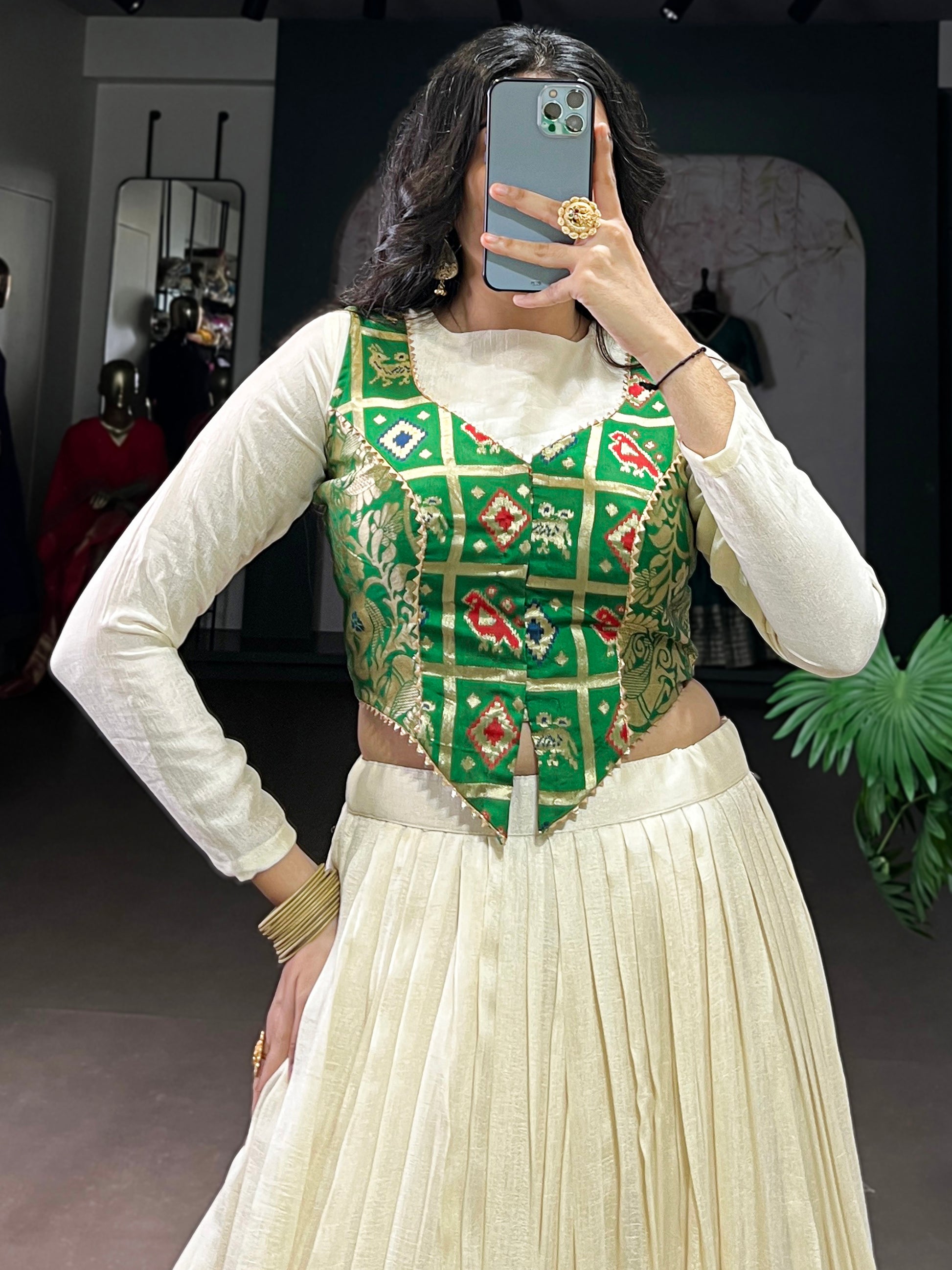 Spectacular Off-White Silk Festival Wear Crop Top Lehenga