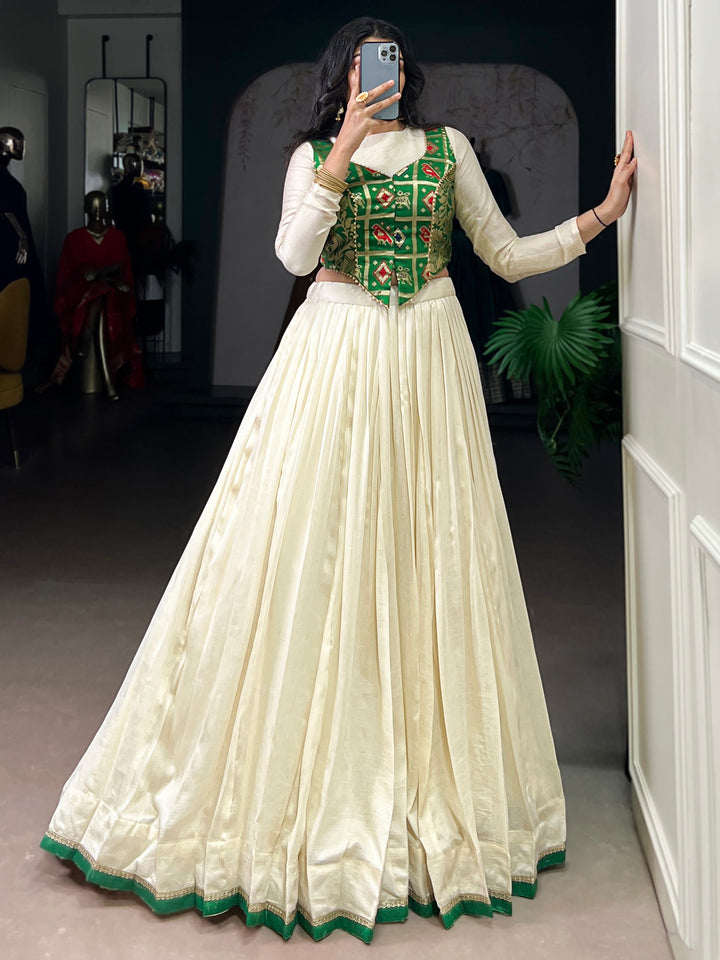 Spectacular Off-White Silk Festival Wear Crop Top Lehenga