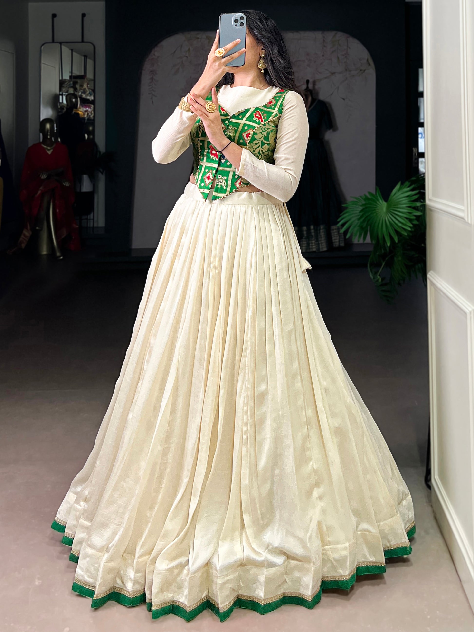 Spectacular Off-White Silk Festival Wear Crop Top Lehenga