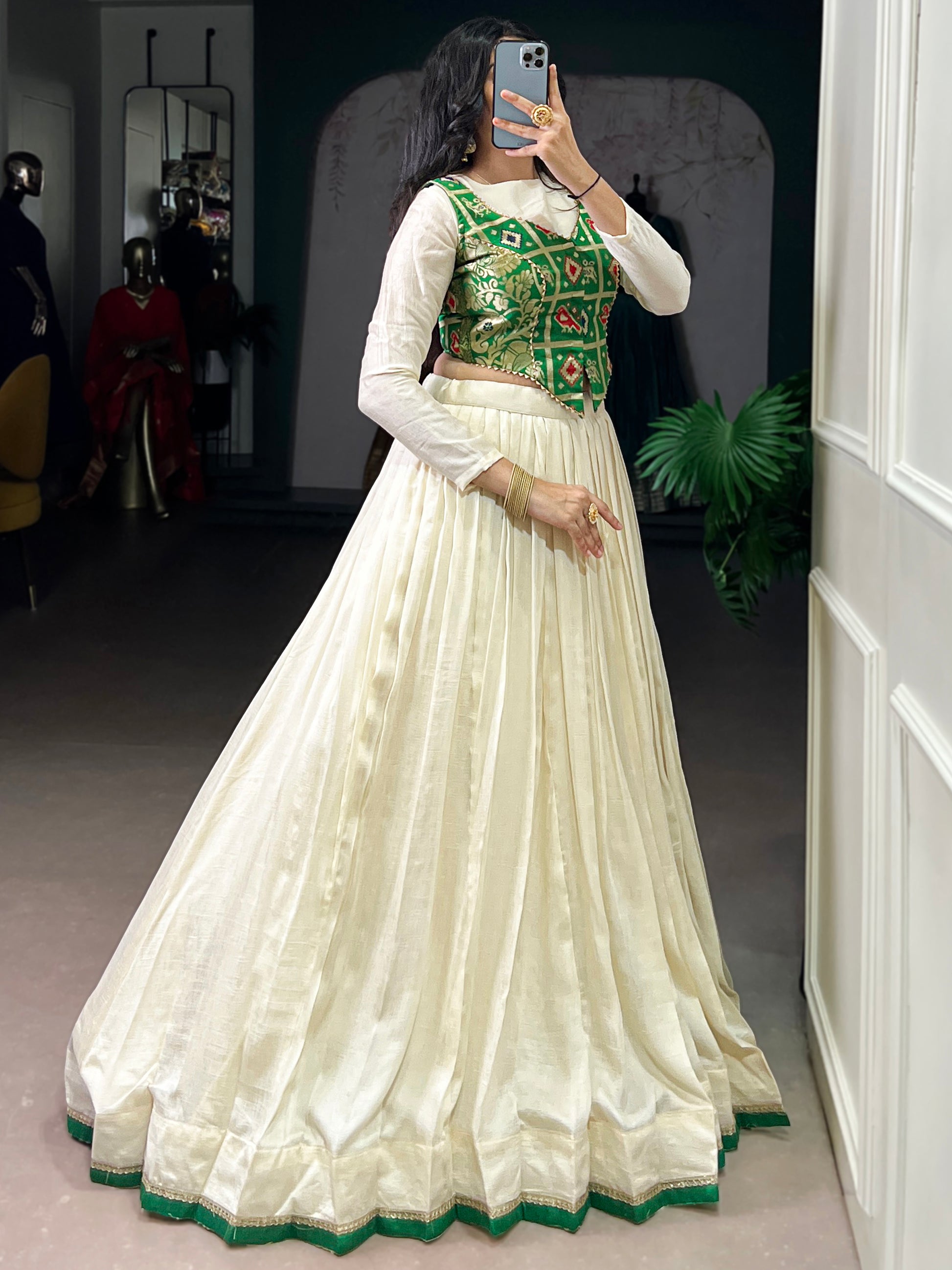 Spectacular Off-White Silk Festival Wear Crop Top Lehenga
