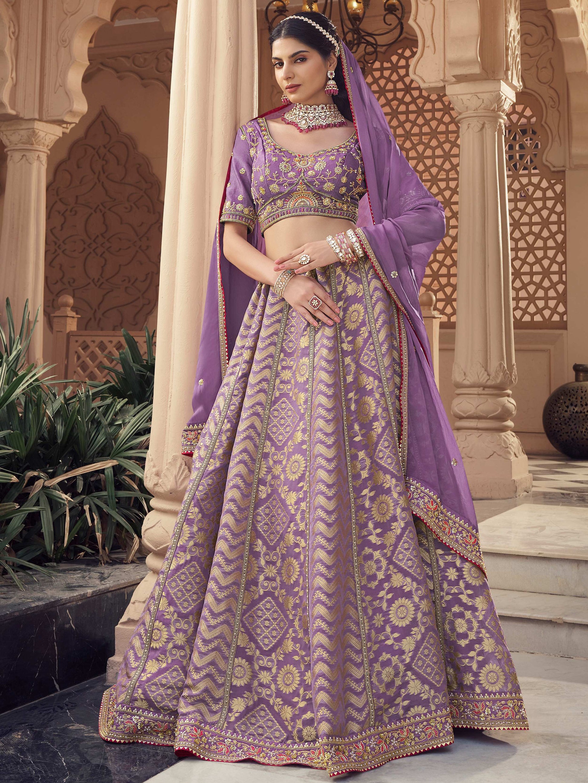 Attractive Lavender Zari Weaving Organza Reception Wear Lehenga Choli