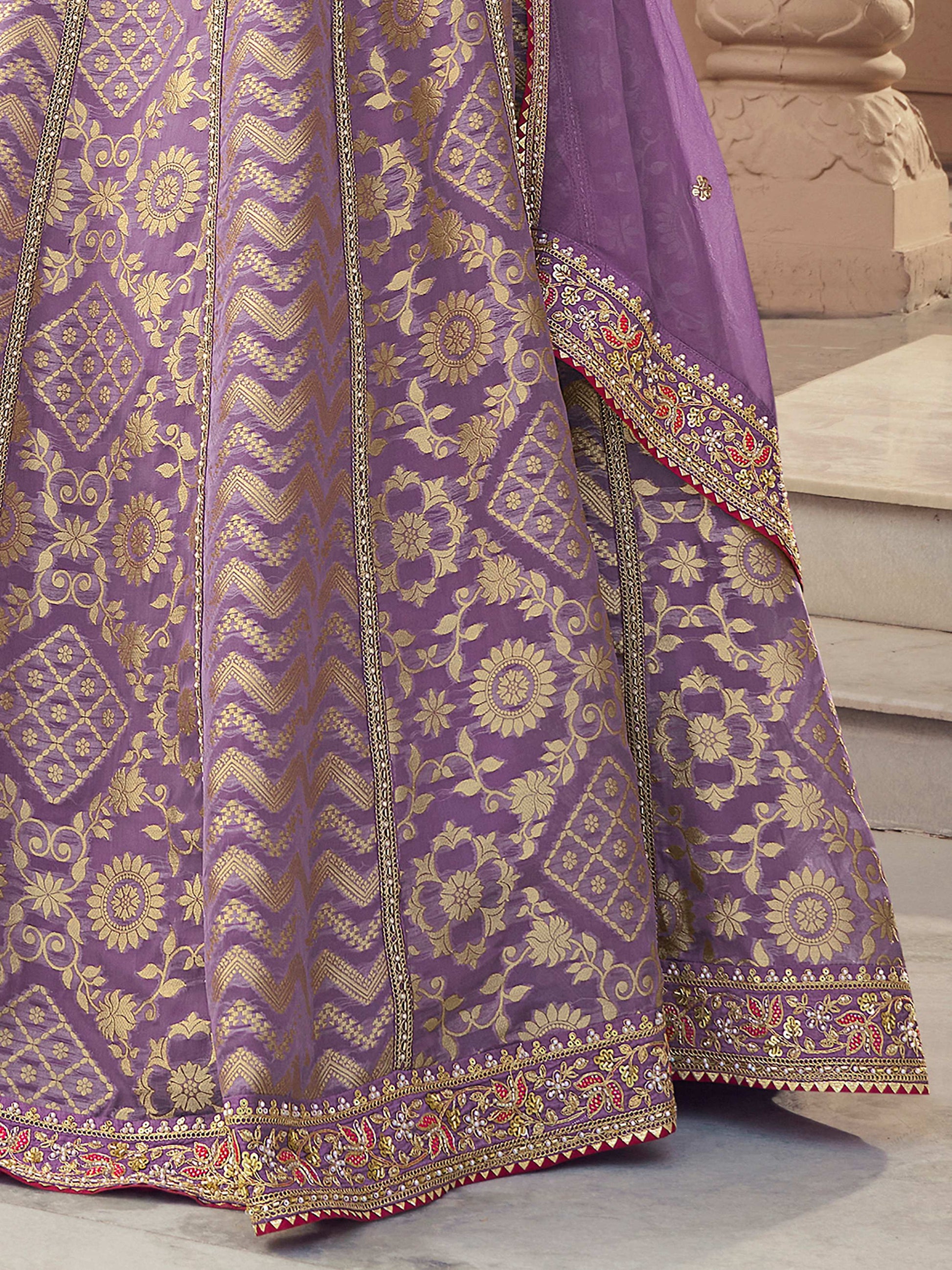 Attractive Lavender Zari Weaving Organza Reception Wear Lehenga Choli