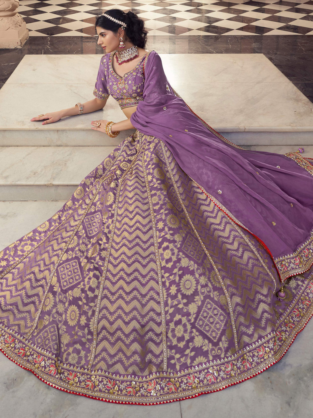 Attractive Lavender Zari Weaving Organza Reception Wear Lehenga Choli
