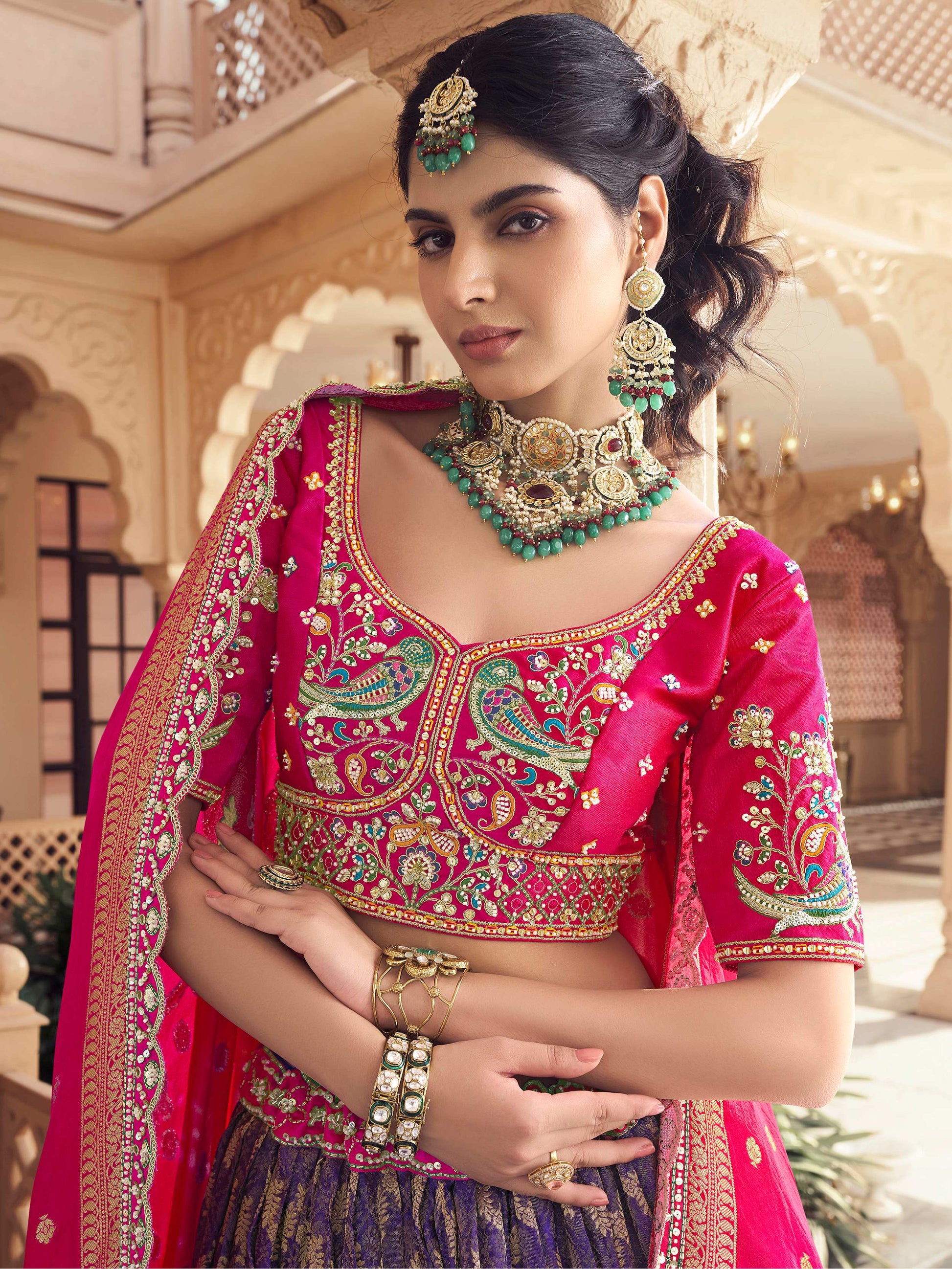 Classy Purple Zari Weaving Tissue Engagement Wear Lehenga With Blouse