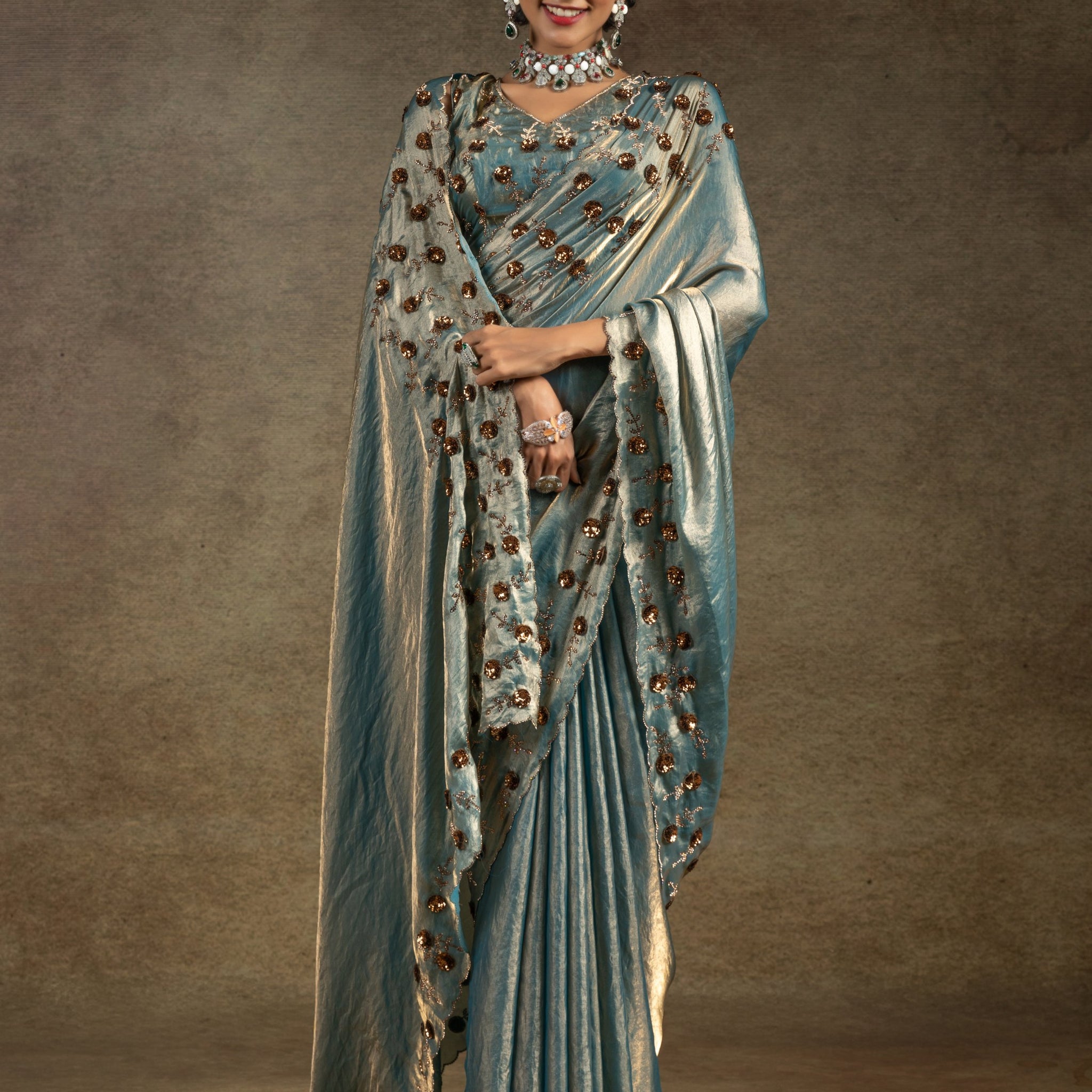 Enchanting Blue Jarkan Work Satin Party Wear Saree