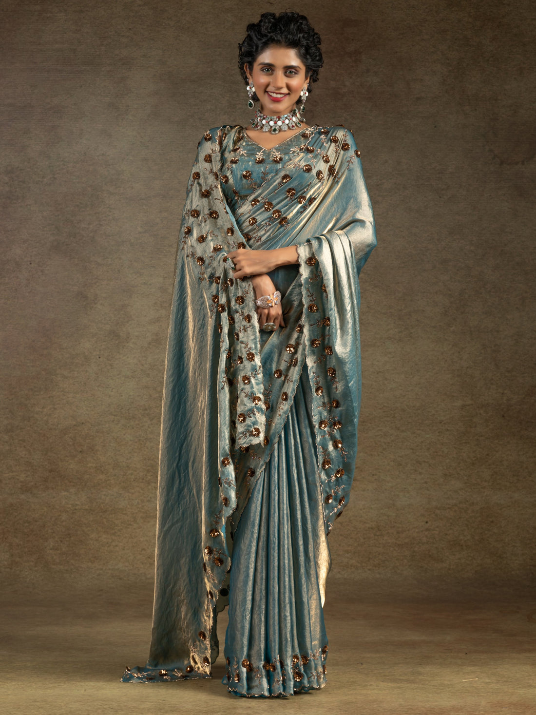 Enchanting Blue Jarkan Work Satin Party Wear Saree