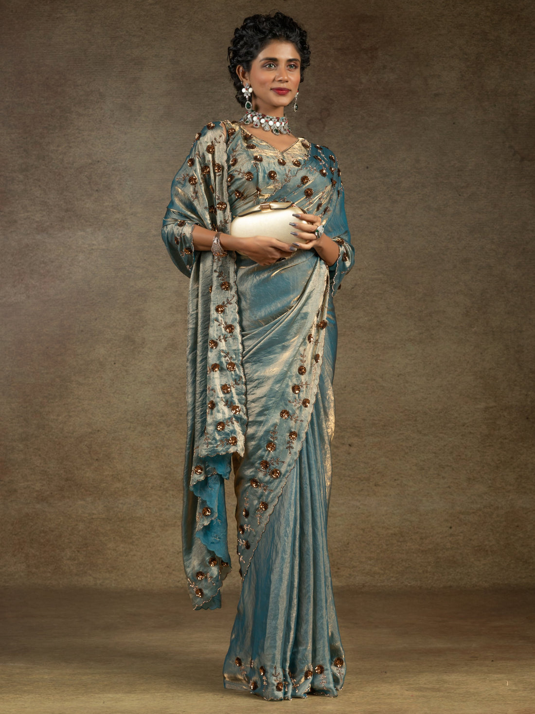 Enchanting Blue Jarkan Work Satin Party Wear Saree