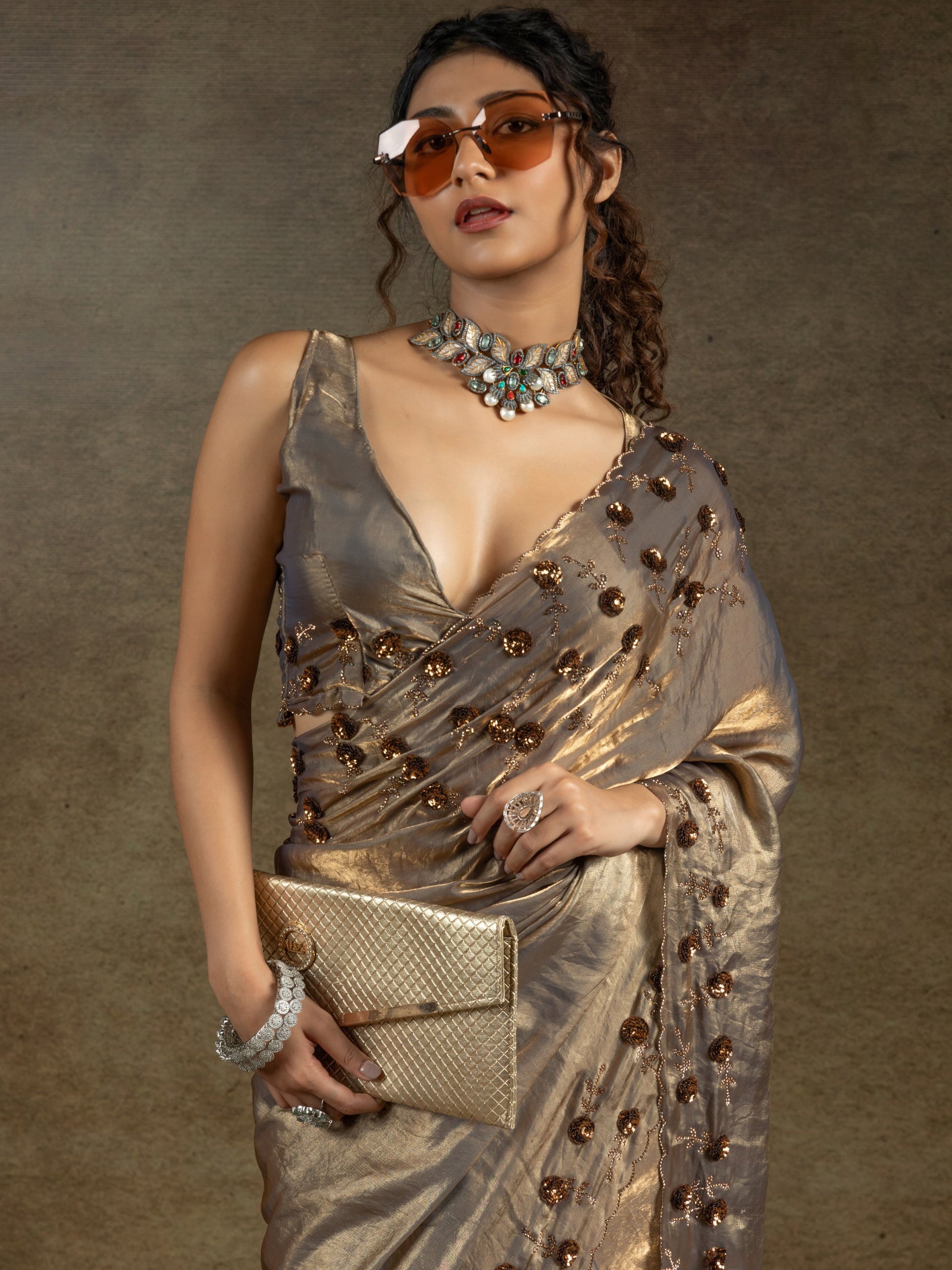 Captivating Golden Jarkan Work Satin Wedding Wear Saree With Blouse