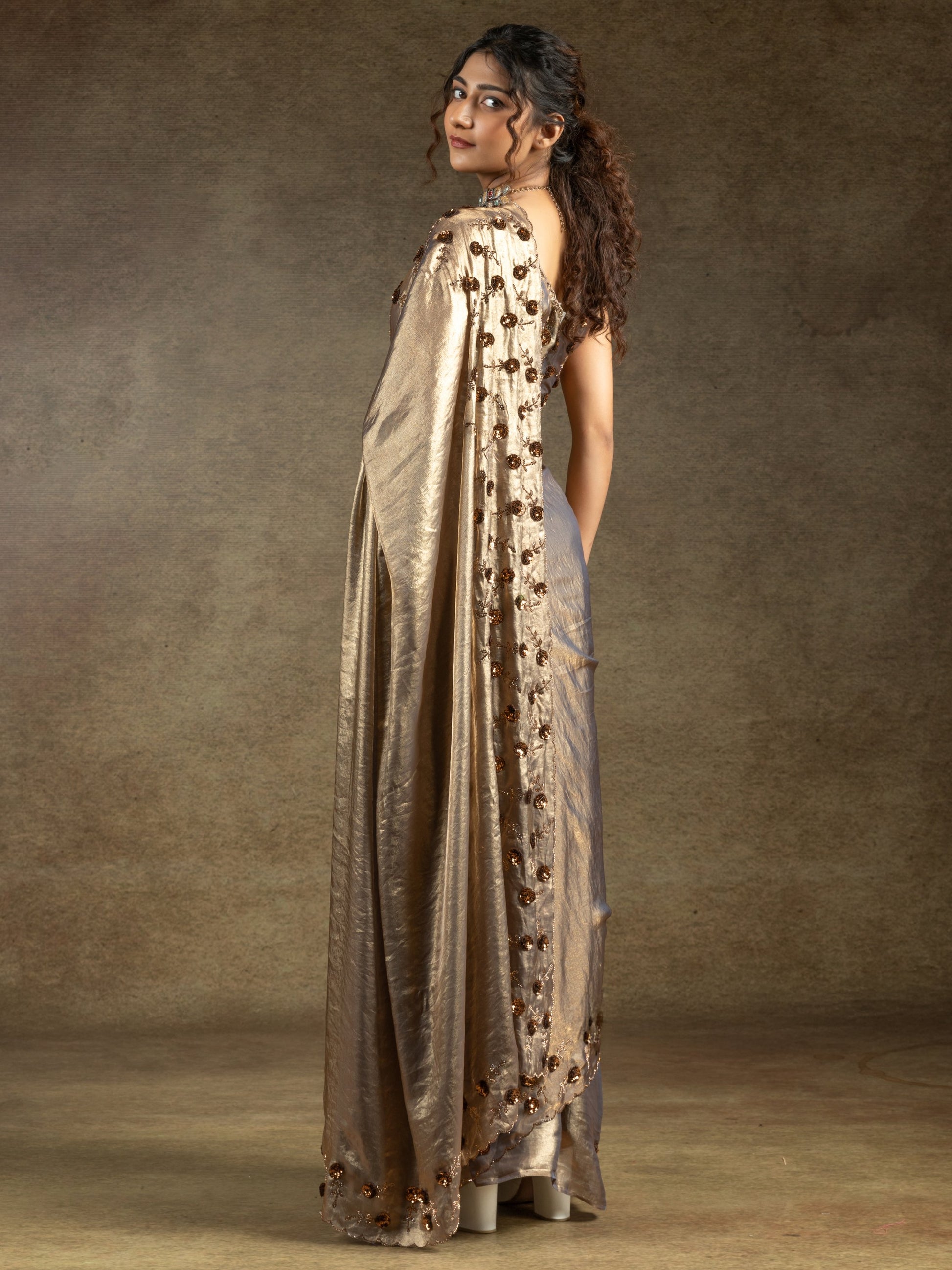 Captivating Golden Jarkan Work Satin Wedding Wear Saree With Blouse