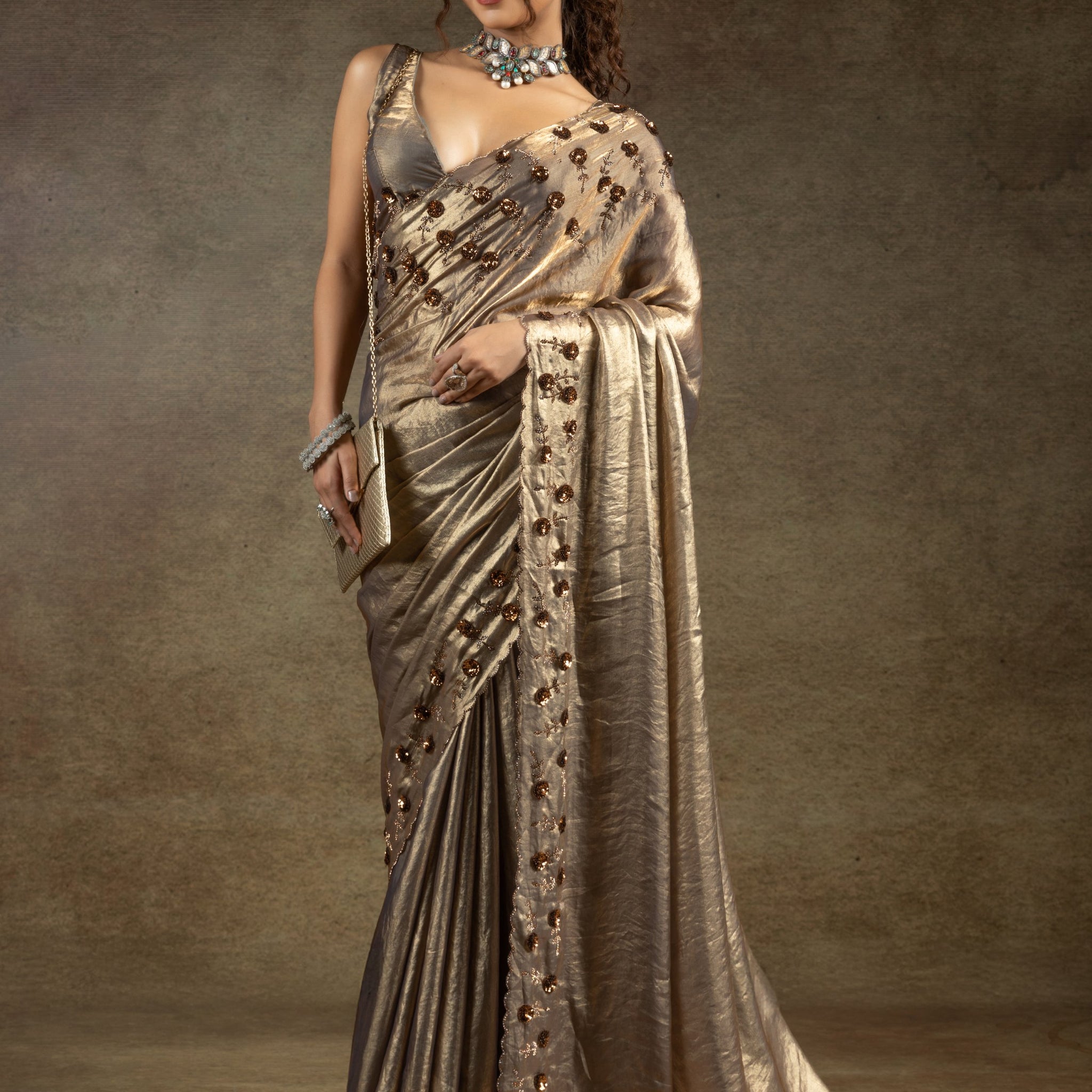 Captivating Golden Jarkan Work Satin Wedding Wear Saree With Blouse