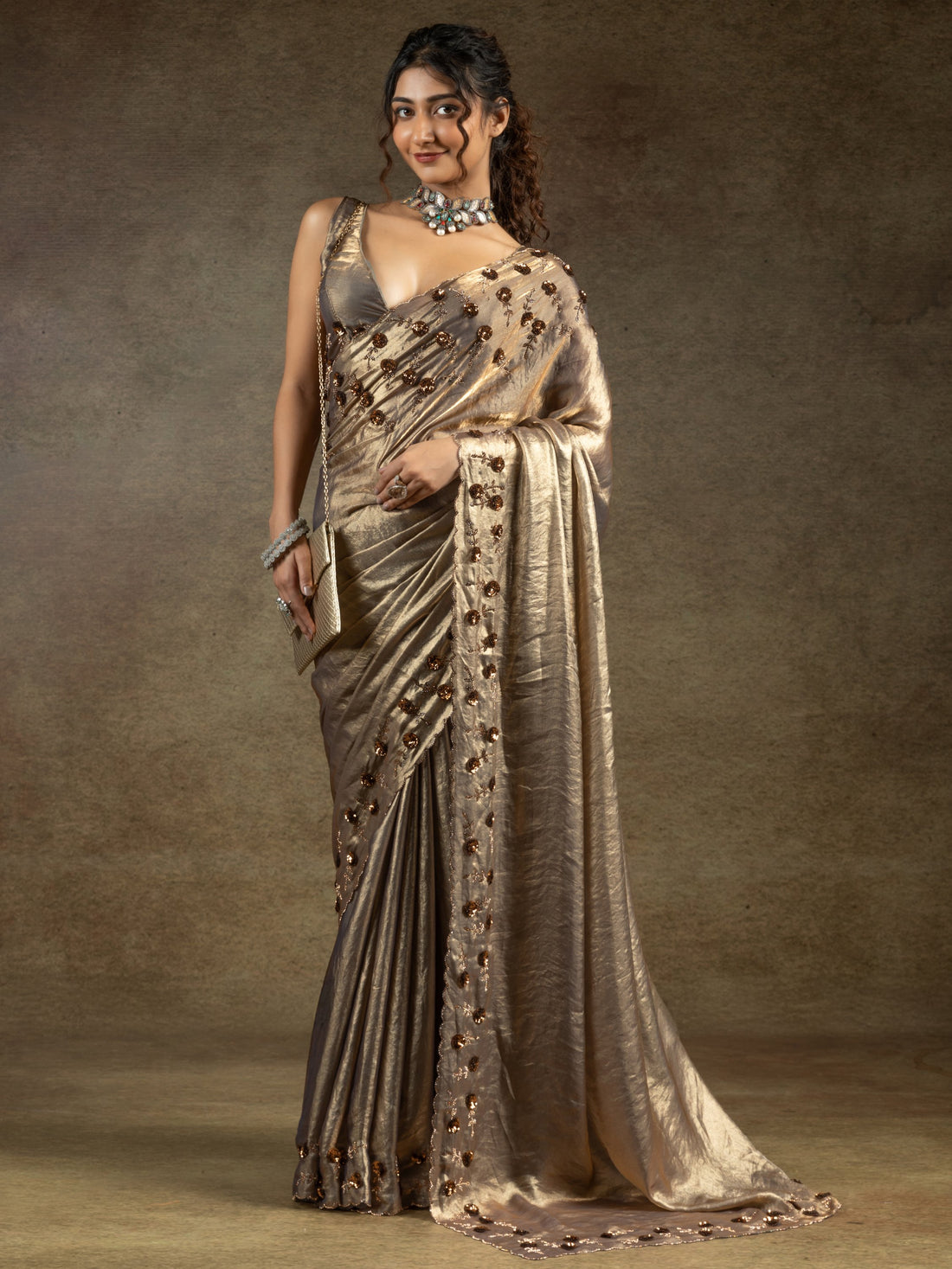 Captivating Golden Jarkan Work Satin Wedding Wear Saree With Blouse