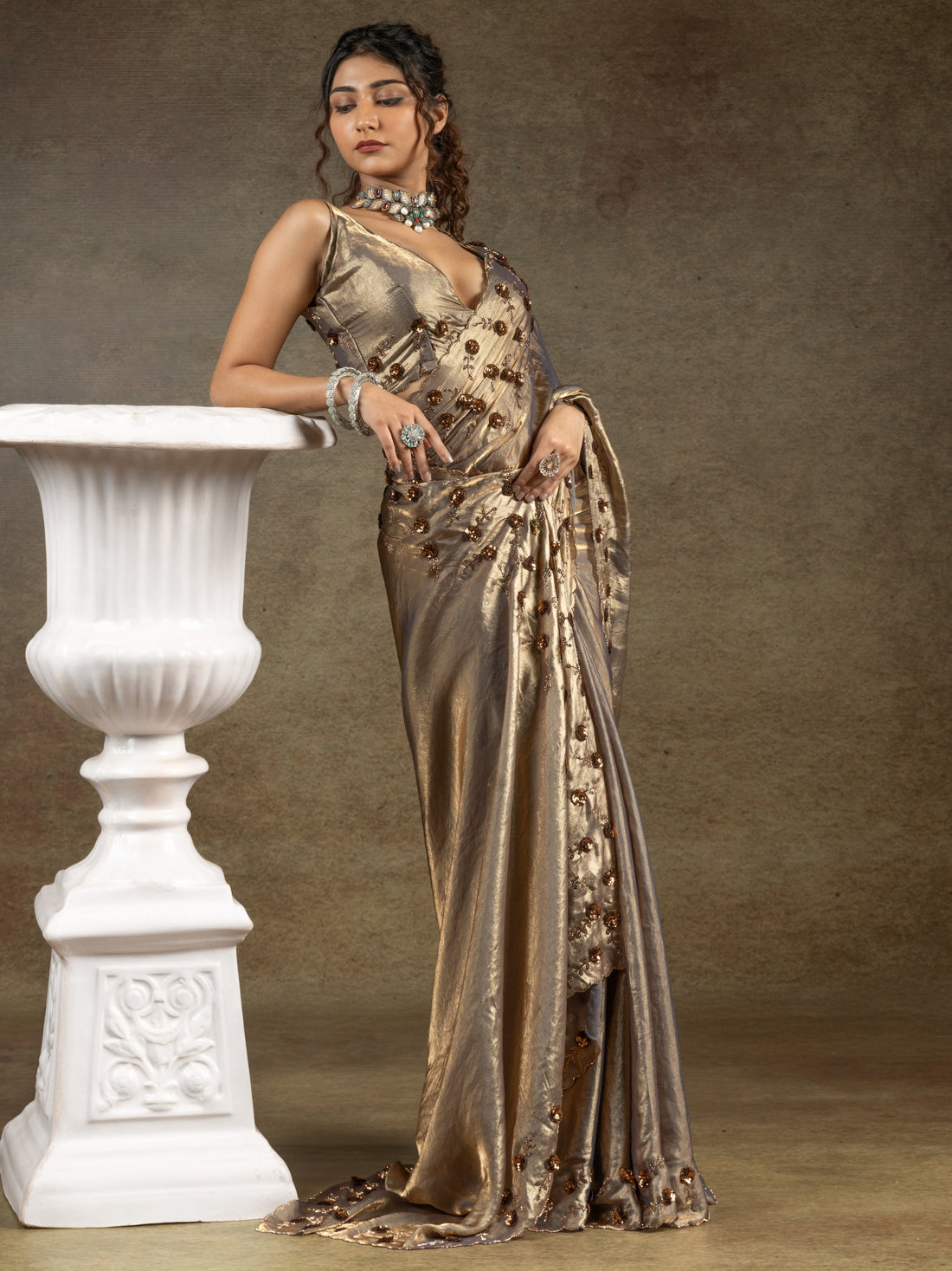 Captivating Golden Jarkan Work Satin Wedding Wear Saree With Blouse