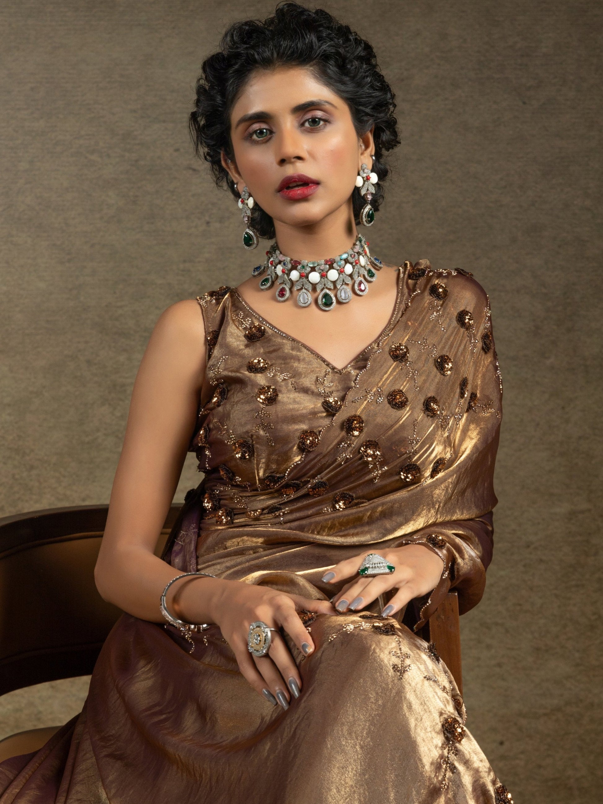 Gorgeous Golden Jarkan Work Satin Party Wear Saree With Blouse