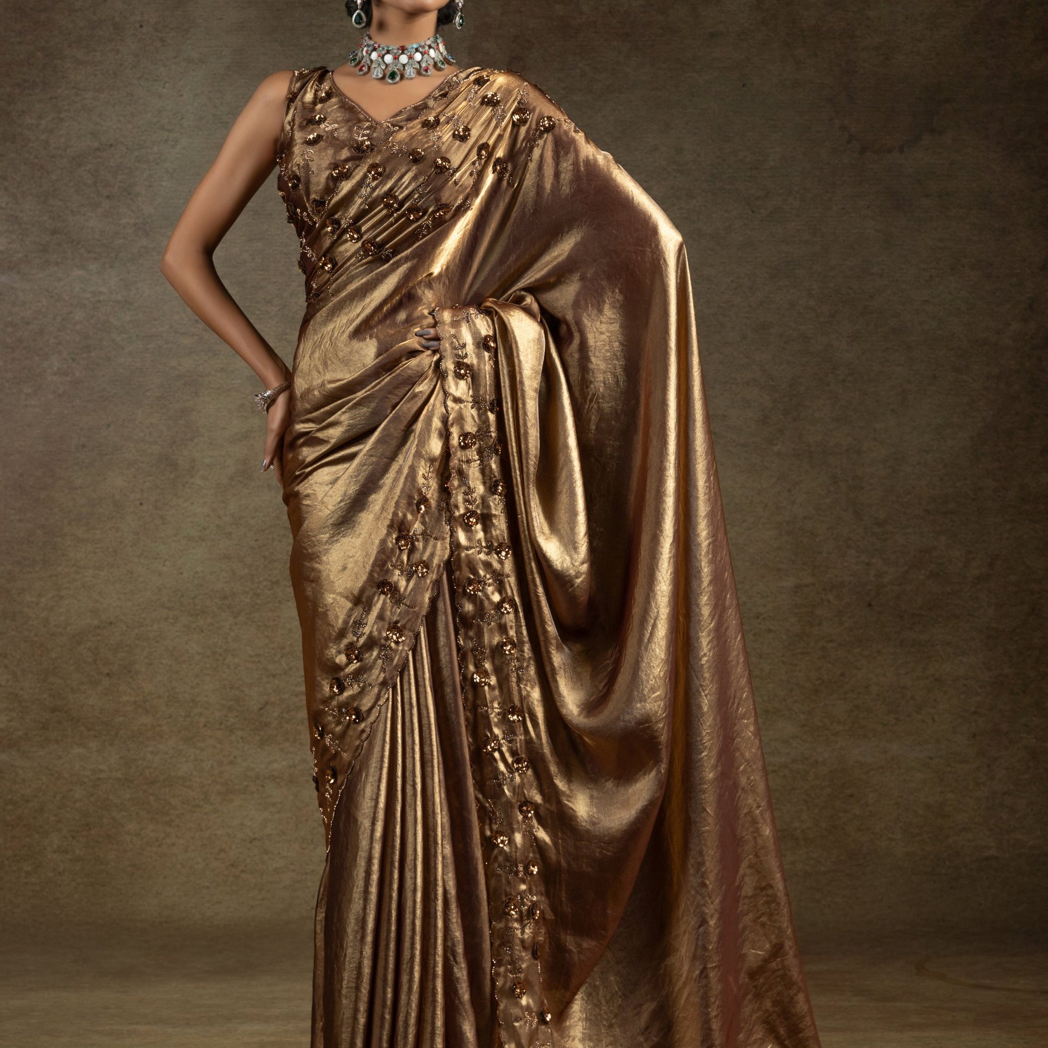Gorgeous Golden Jarkan Work Satin Party Wear Saree With Blouse