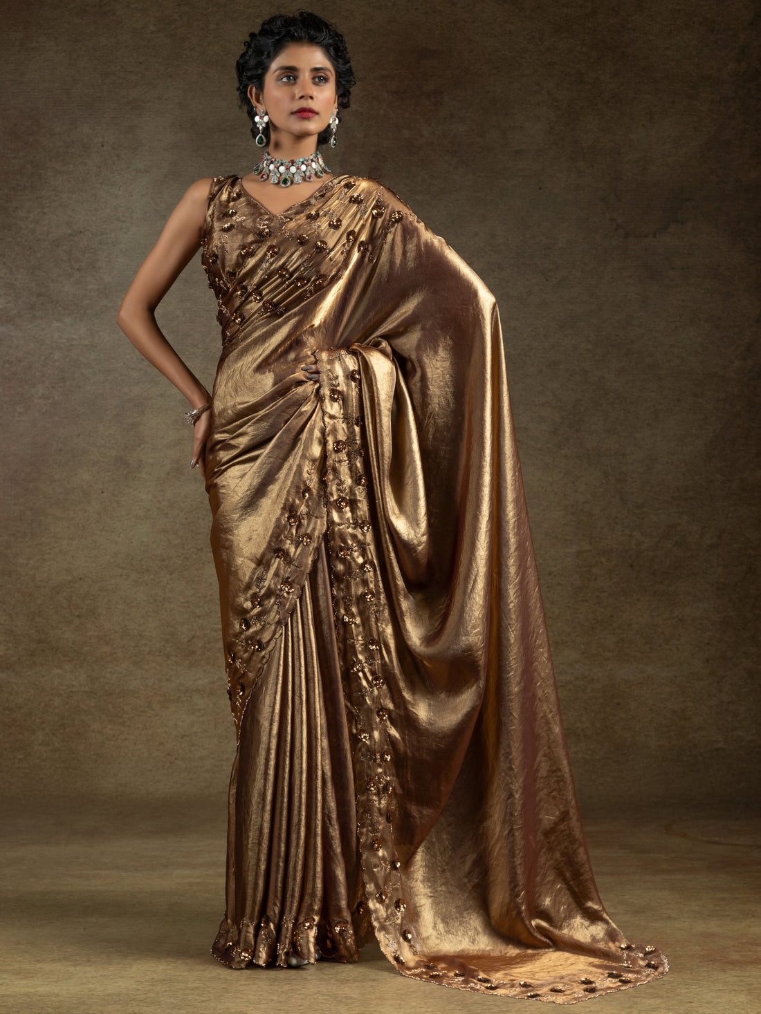 Gorgeous Golden Jarkan Work Satin Party Wear Saree With Blouse