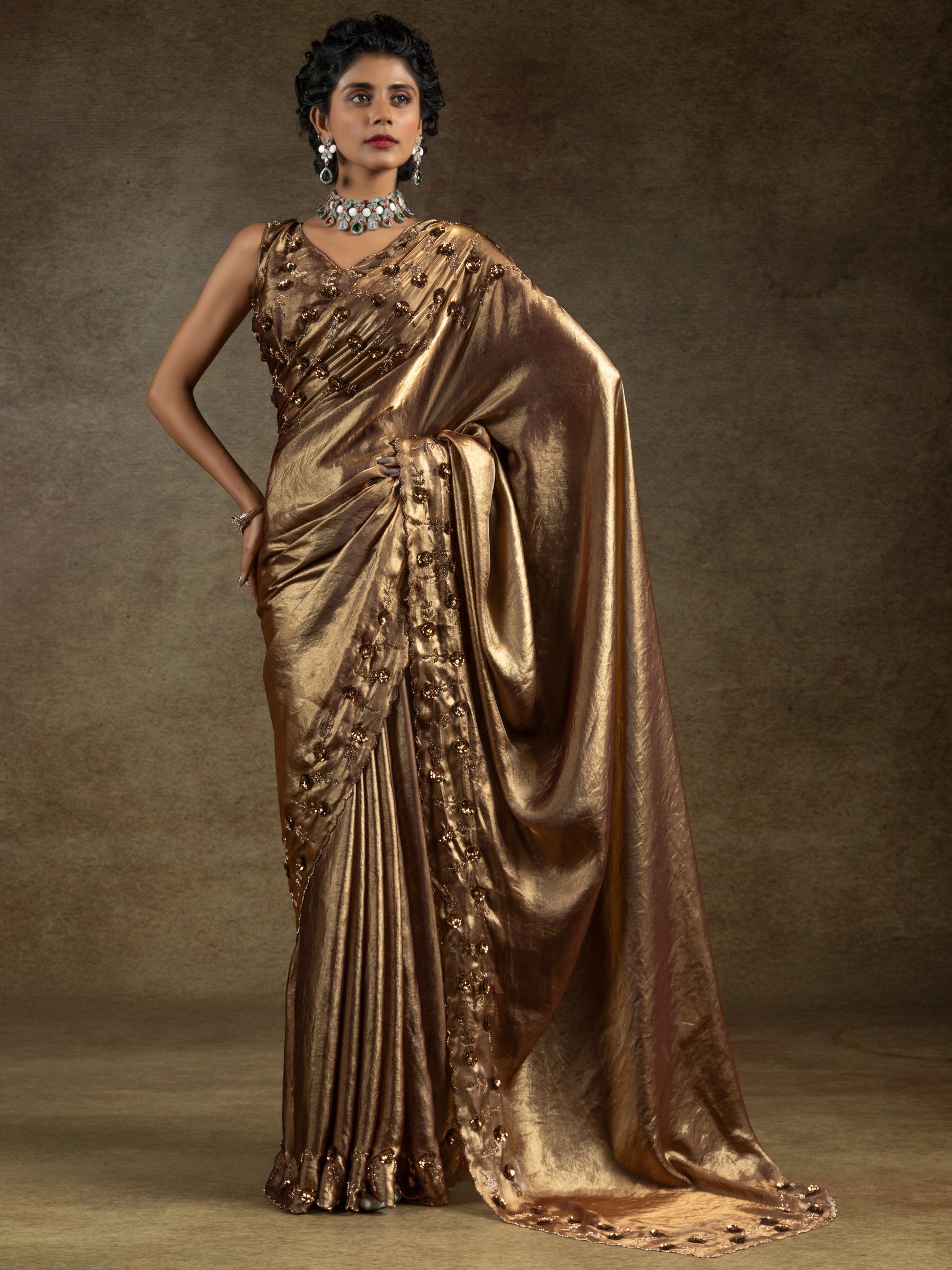 Gorgeous Golden Jarkan Work Satin Party Wear Saree With Blouse