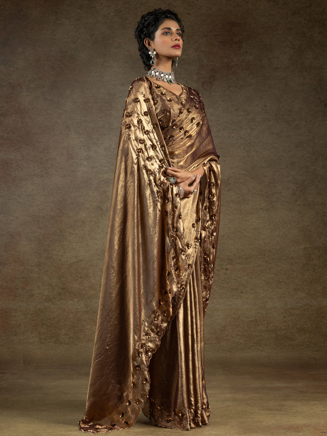 Gorgeous Golden Jarkan Work Satin Party Wear Saree With Blouse