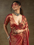 Alluring Orange Jarkan Work Satin Party Wear Saree With Blouse