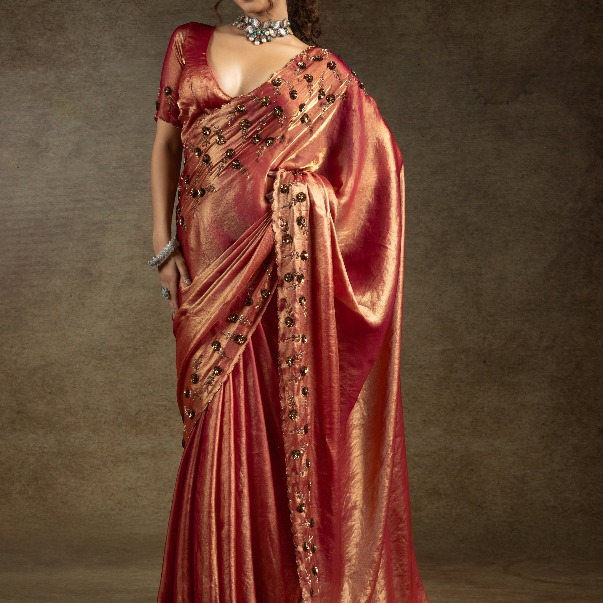 Alluring Orange Jarkan Work Satin Party Wear Saree With Blouse