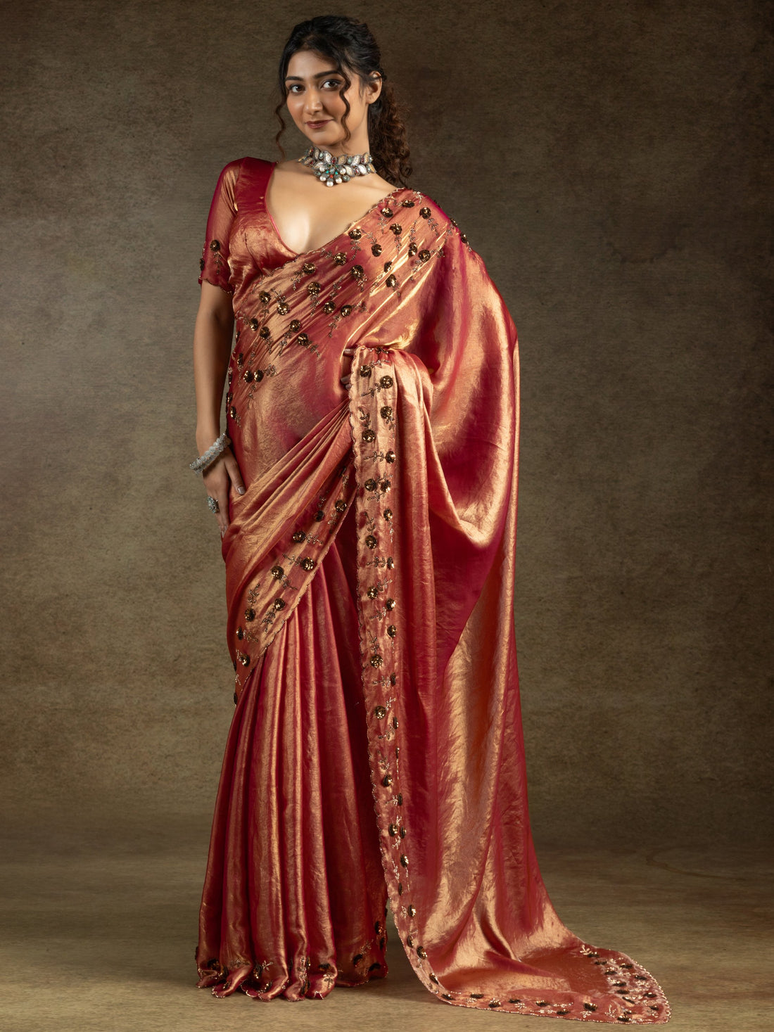Alluring Orange Jarkan Work Satin Party Wear Saree With Blouse