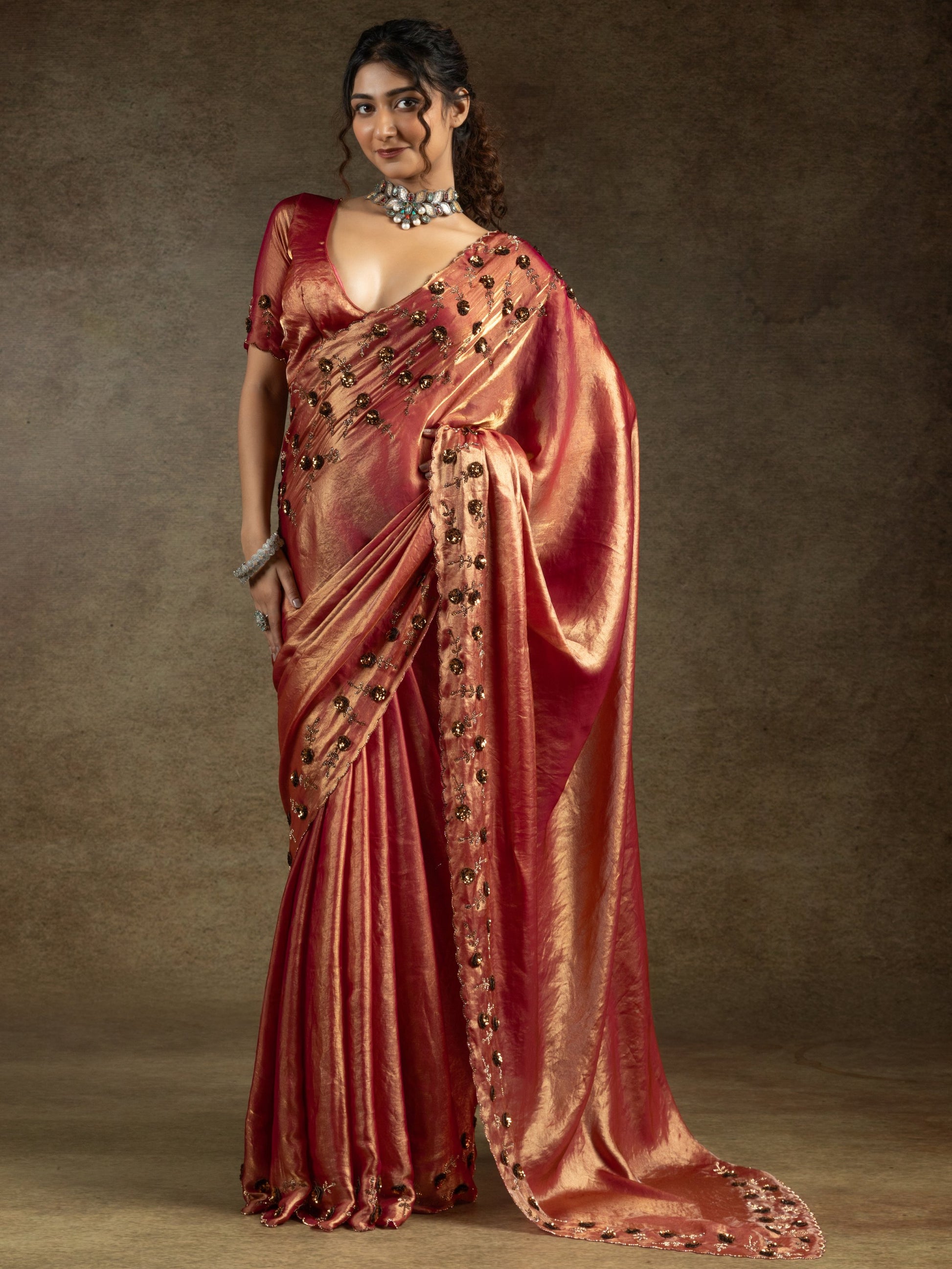Alluring Orange Jarkan Work Satin Party Wear Saree With Blouse