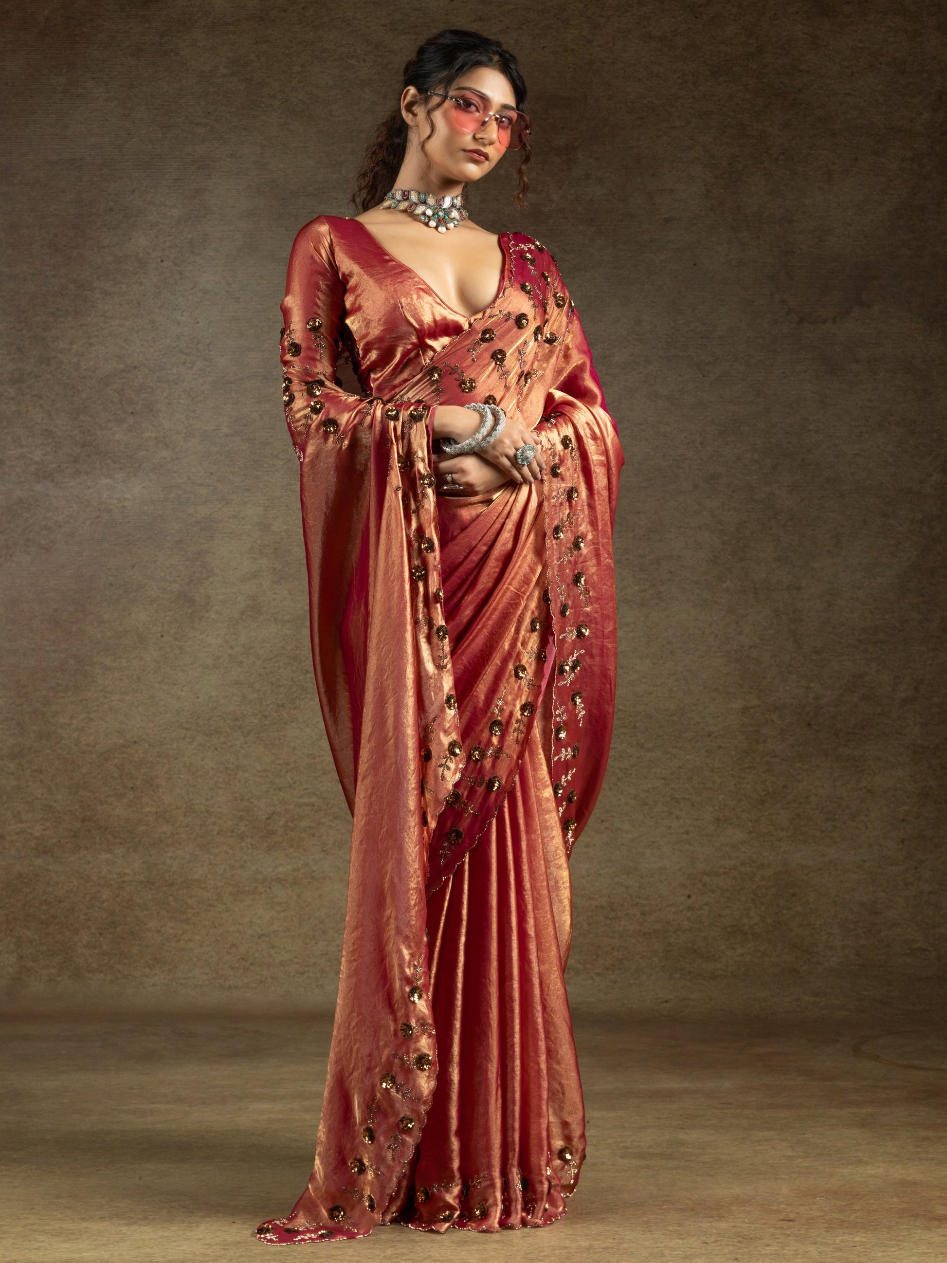 Alluring Orange Jarkan Work Satin Party Wear Saree With Blouse