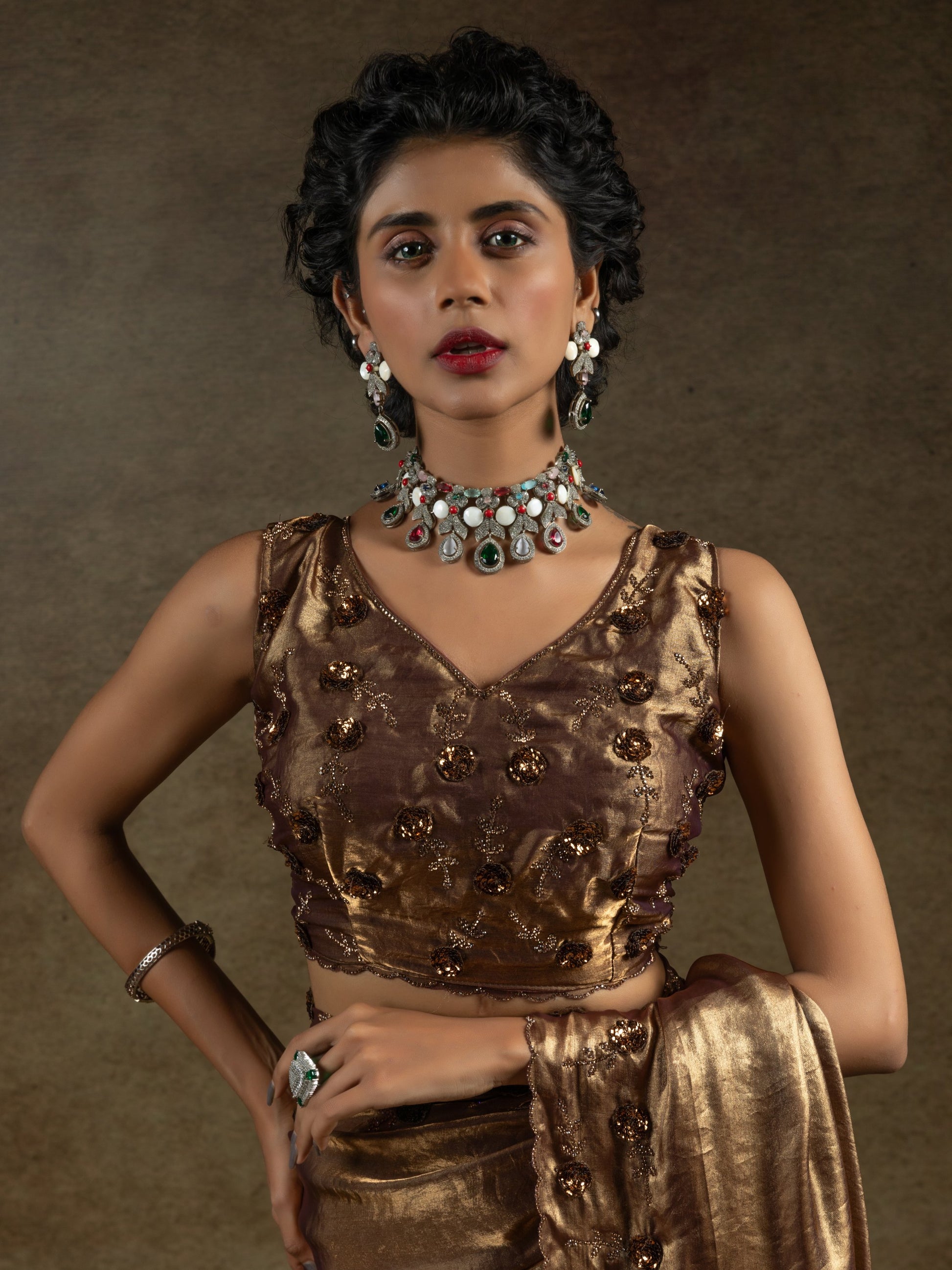 Bewitching Rose Gold Sequins Work Satin Wedding Wear Saree