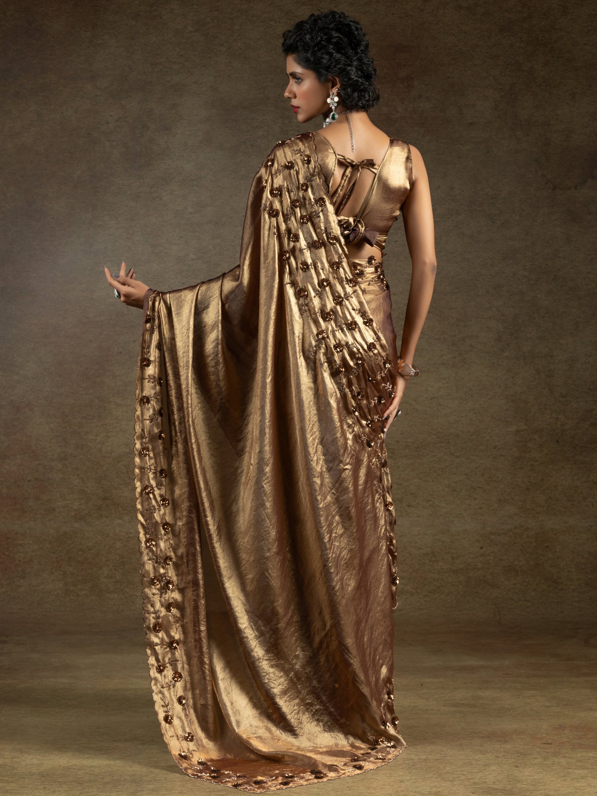 Gorgeous Golden Jarkan Work Satin Party Wear Saree With Blouse