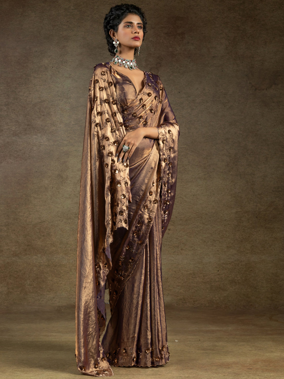 Bewitching Rose Gold Sequins Work Satin Wedding Wear Saree