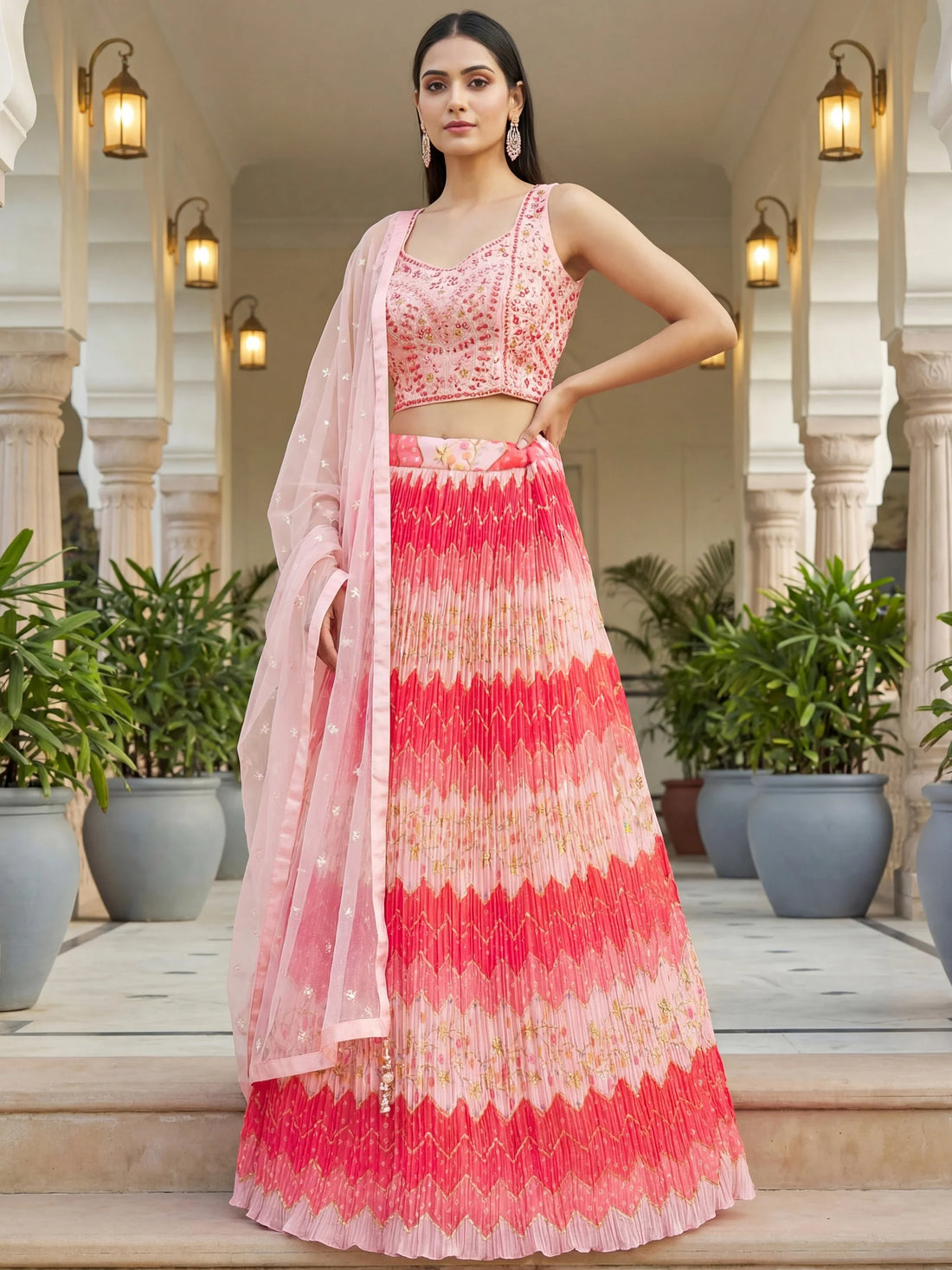 Amazing Pink Zari Work Chinon Festive Wear Lehenga Choli With Dupatta
