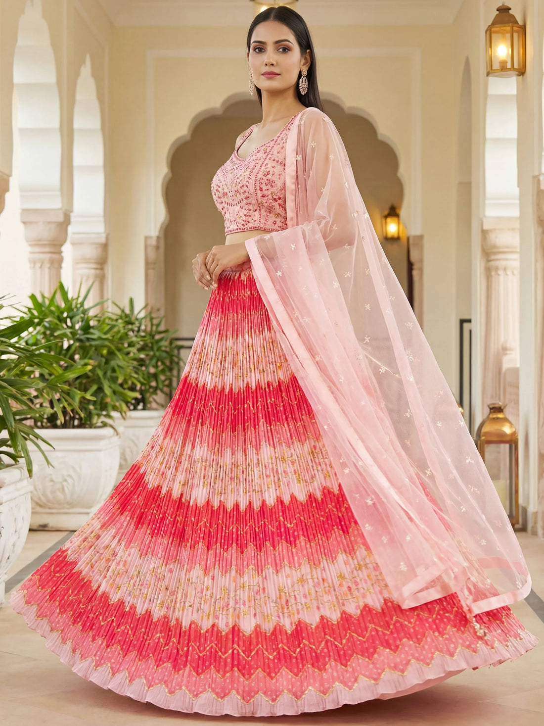Amazing Pink Zari Work Chinon Festive Wear Lehenga Choli With Dupatta