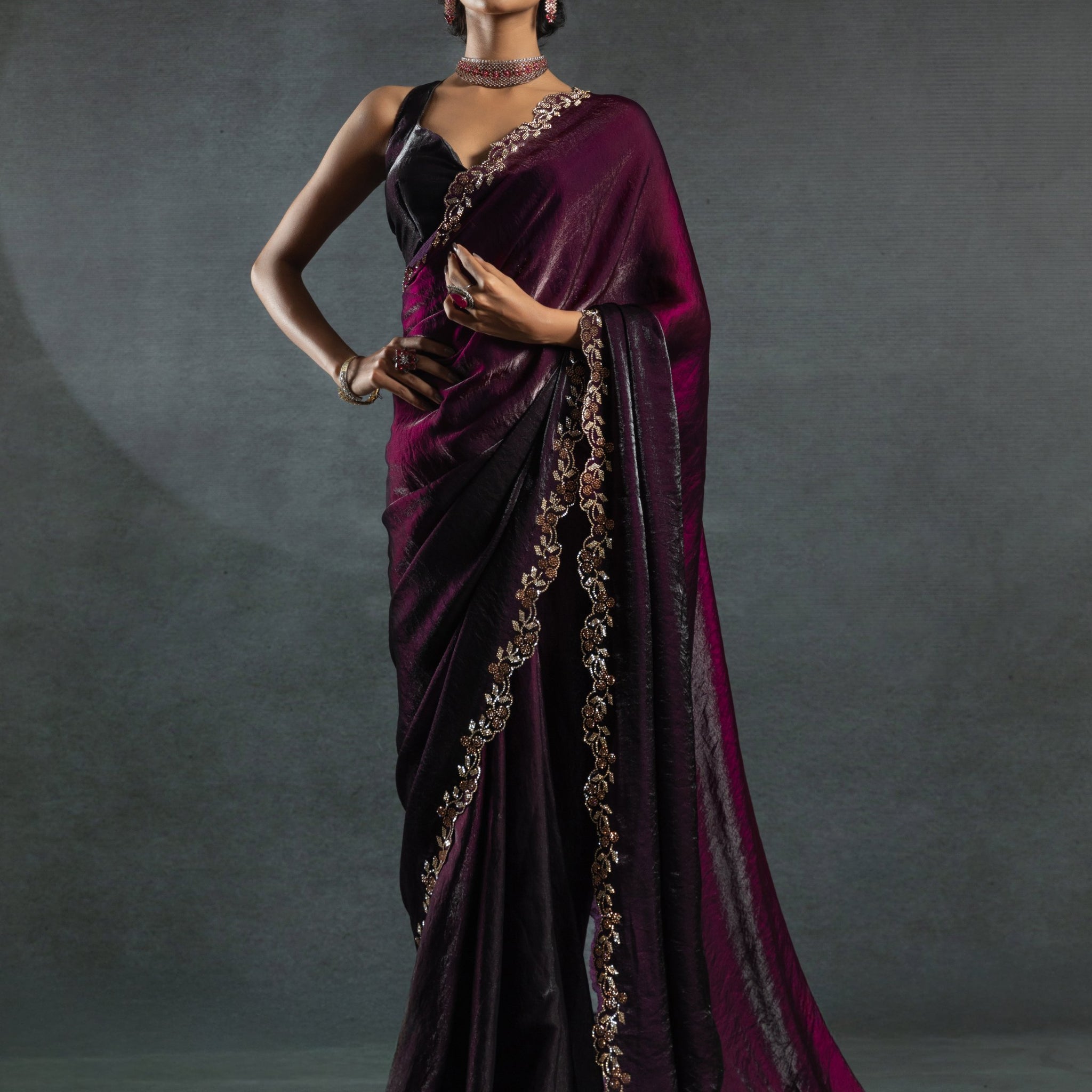 Astonishing Wine Border Work Satin Cocktail Wear Saree