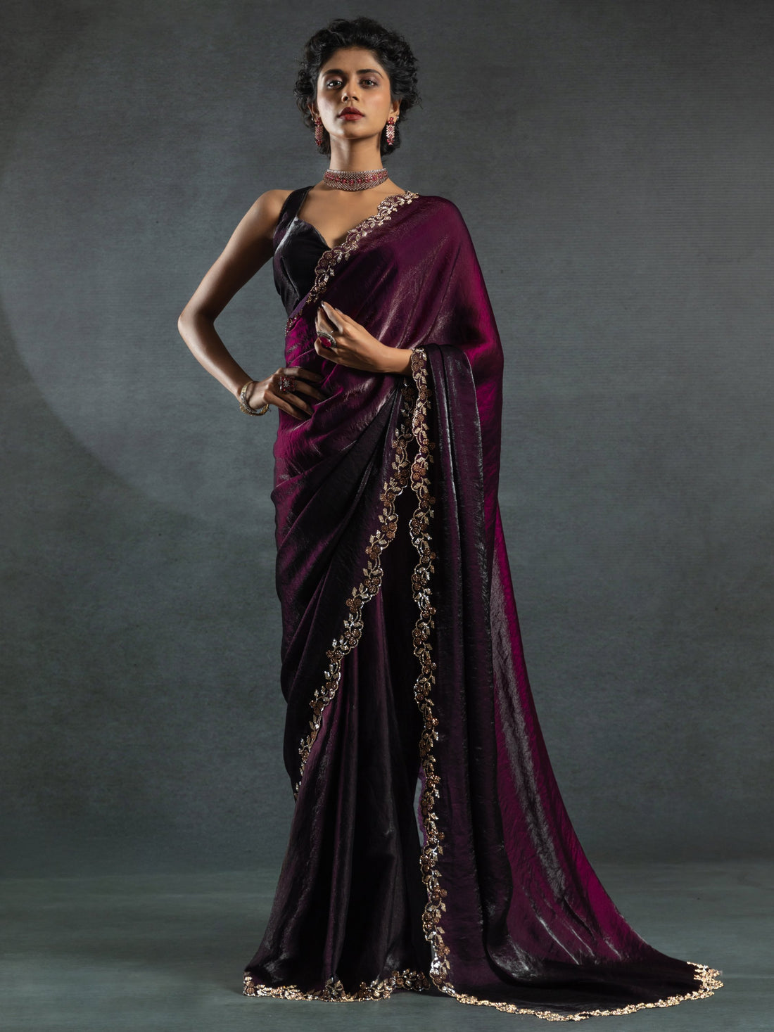 Astonishing Wine Border Work Satin Cocktail Wear Saree