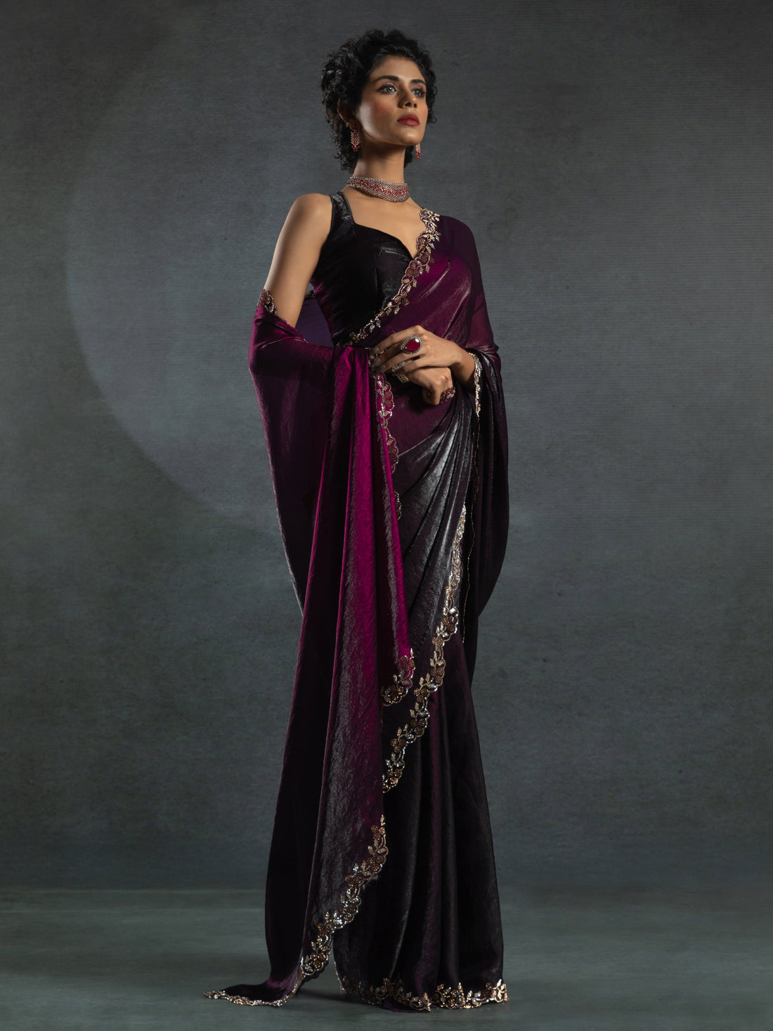 Astonishing Wine Border Work Satin Cocktail Wear Saree