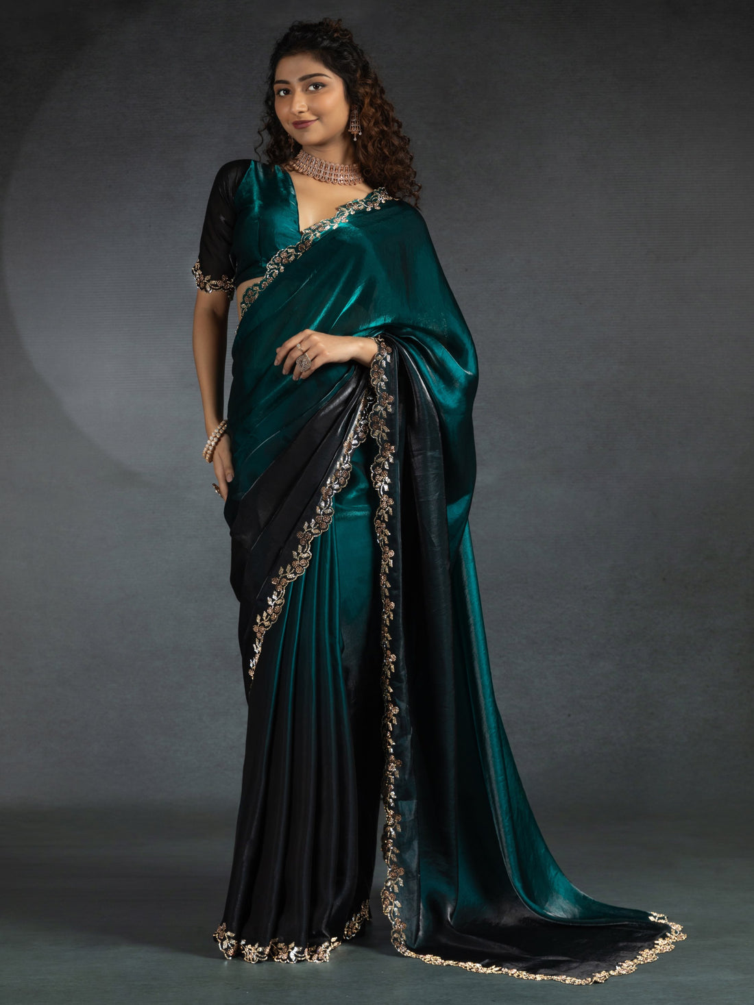 Beautiful Teal Blue Zarkan Work Satin Party Wear Saree With Blouse