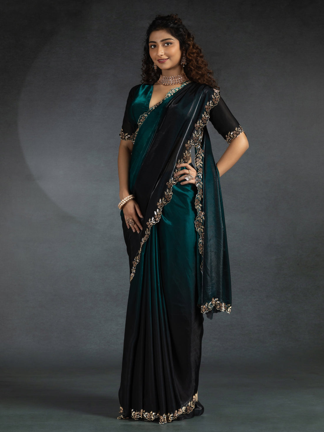 Beautiful Teal Blue Zarkan Work Satin Party Wear Saree With Blouse