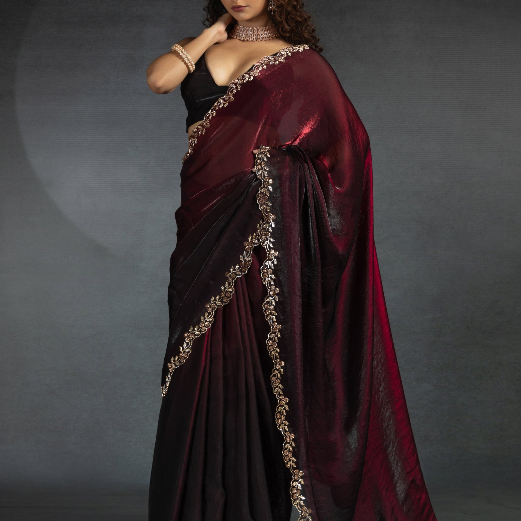 Gorgeous Maroon Diamond Work Satin Designer Saree With Blouse