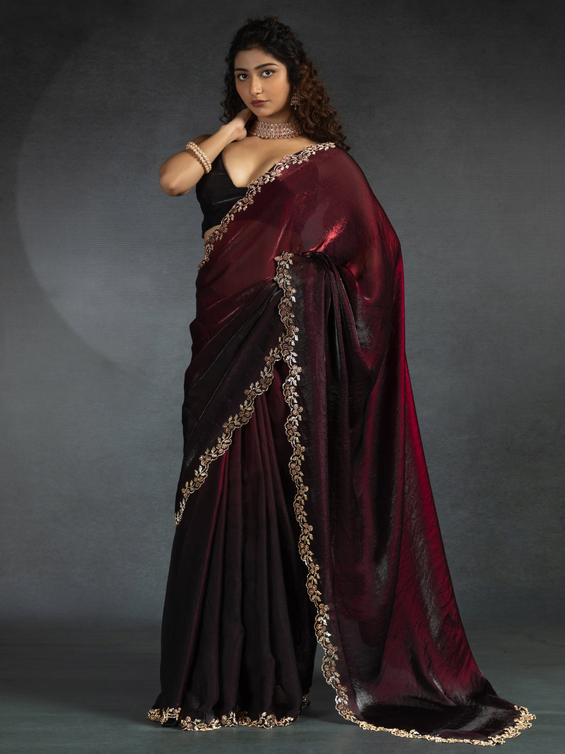 Gorgeous Maroon Diamond Work Satin Designer Saree With Blouse
