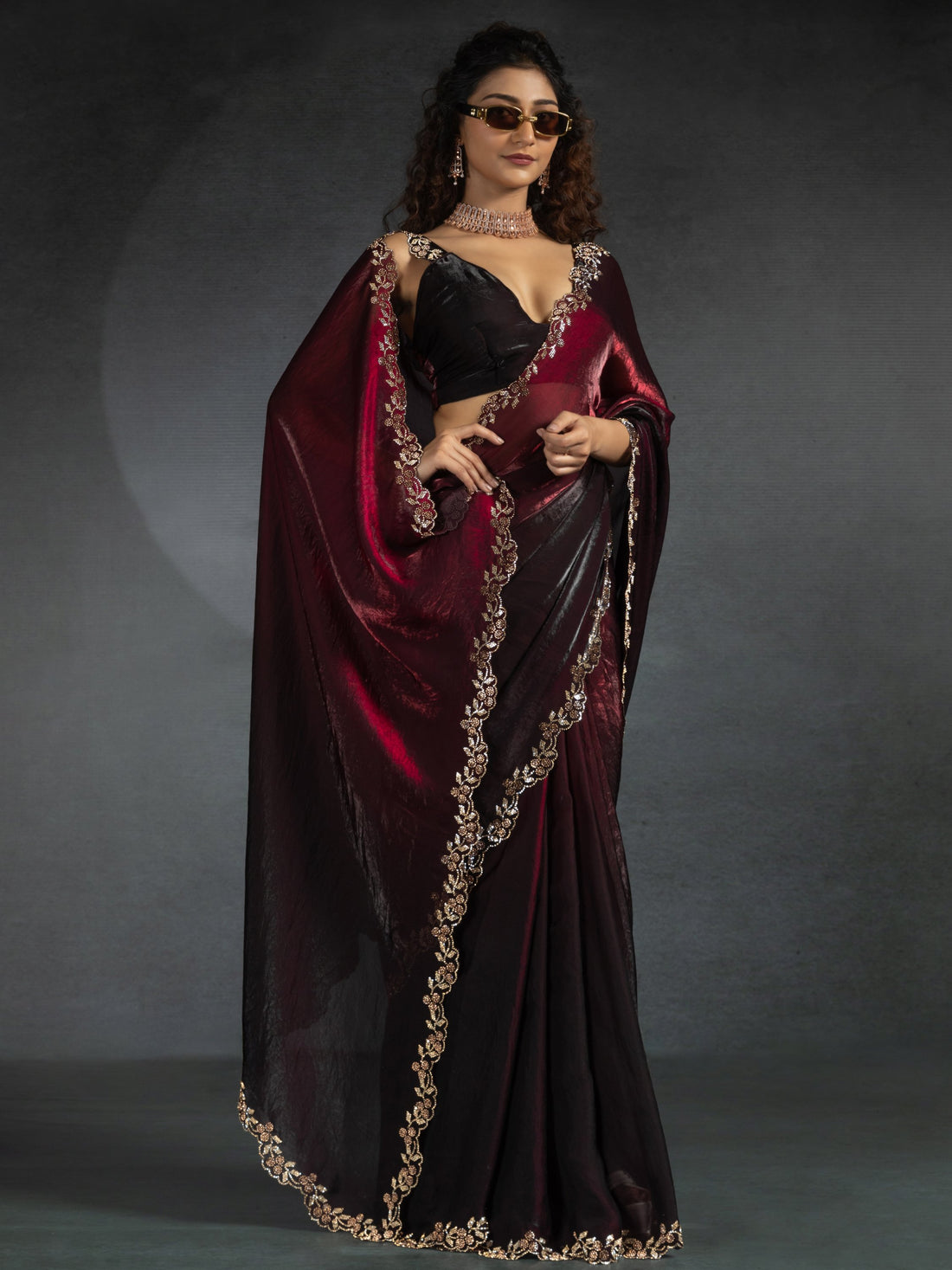 Gorgeous Maroon Diamond Work Satin Designer Saree With Blouse