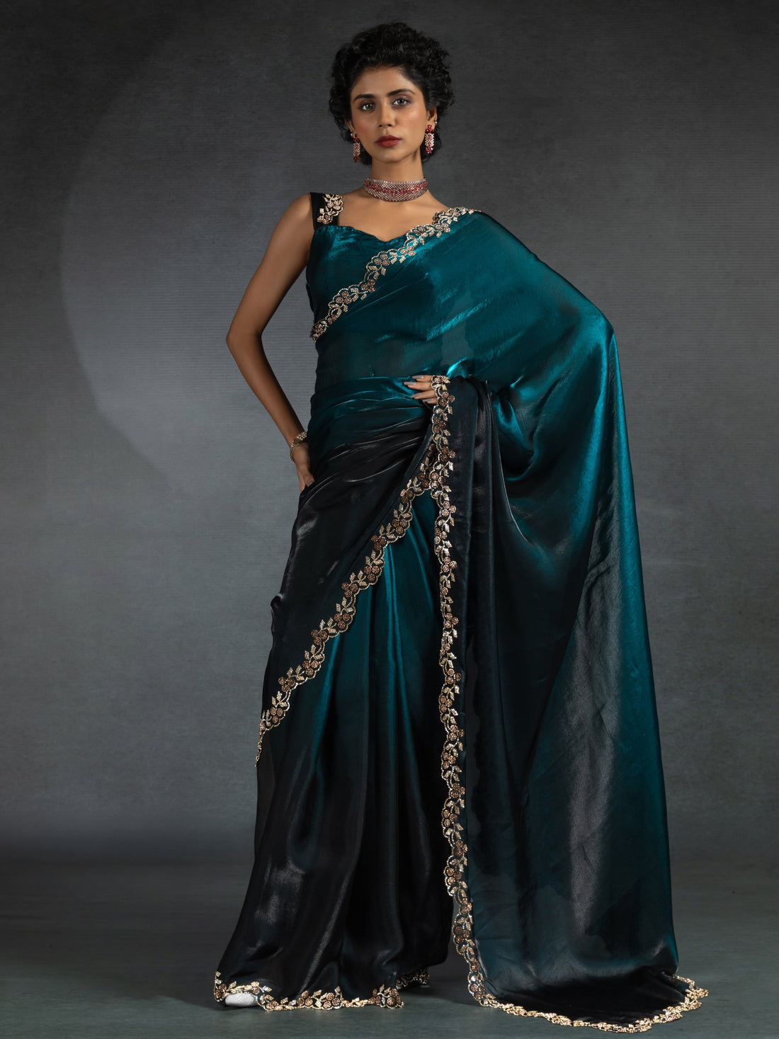 Alluring Blue Border Work Satin Bollywood Saree With Blouse