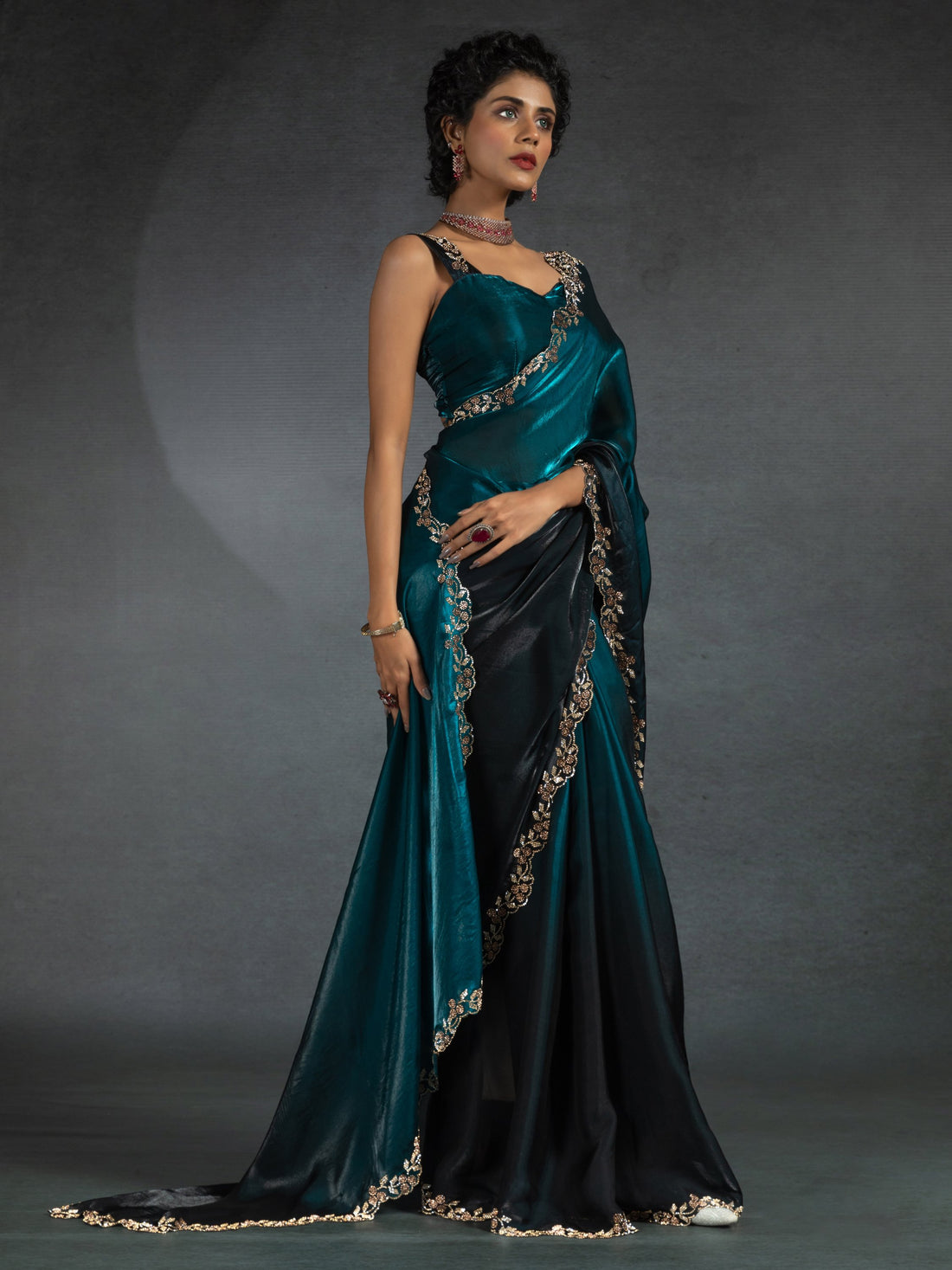 Alluring Blue Border Work Satin Bollywood Saree With Blouse