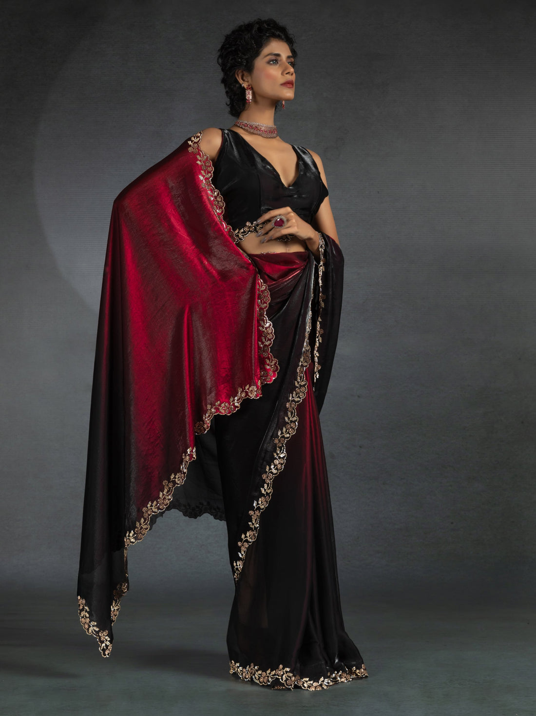 Spectacular Red Shaded Satin Wedding Wear Saree With Blouse