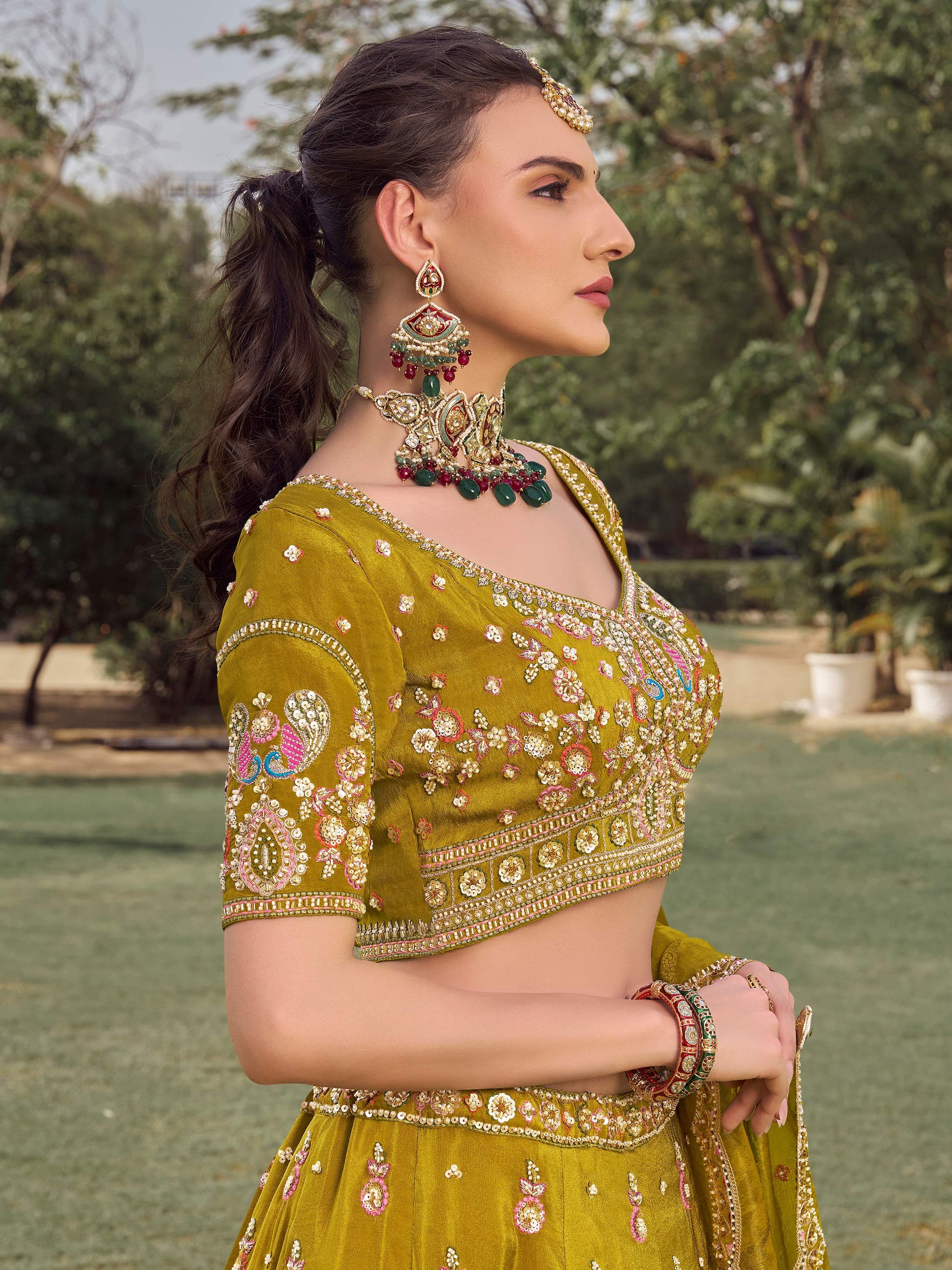 Alluring Green Khatli Work Tissue Event Wear Lehenga Choli With Dupatta