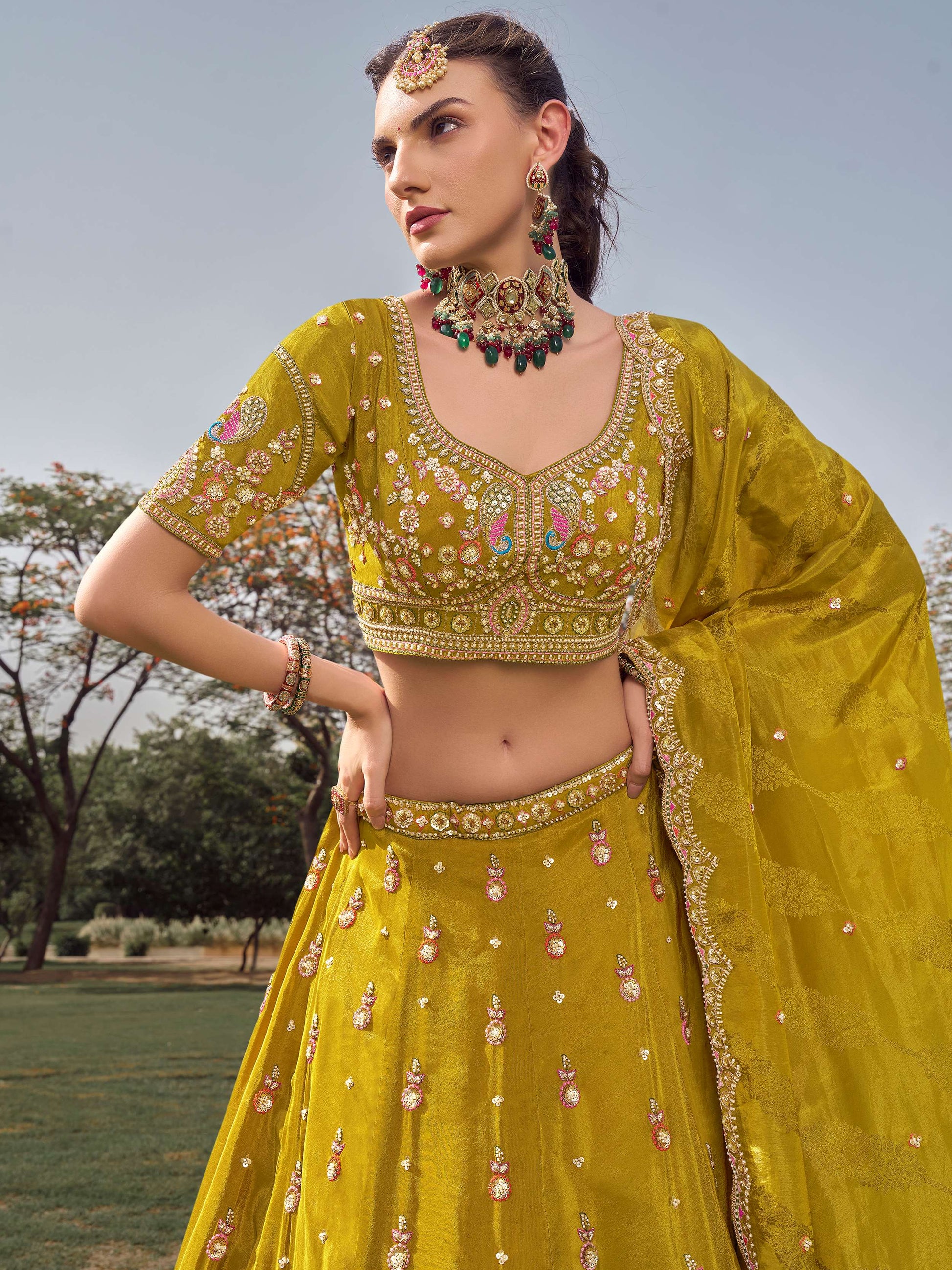 Alluring Green Khatli Work Tissue Event Wear Lehenga Choli With Dupatta