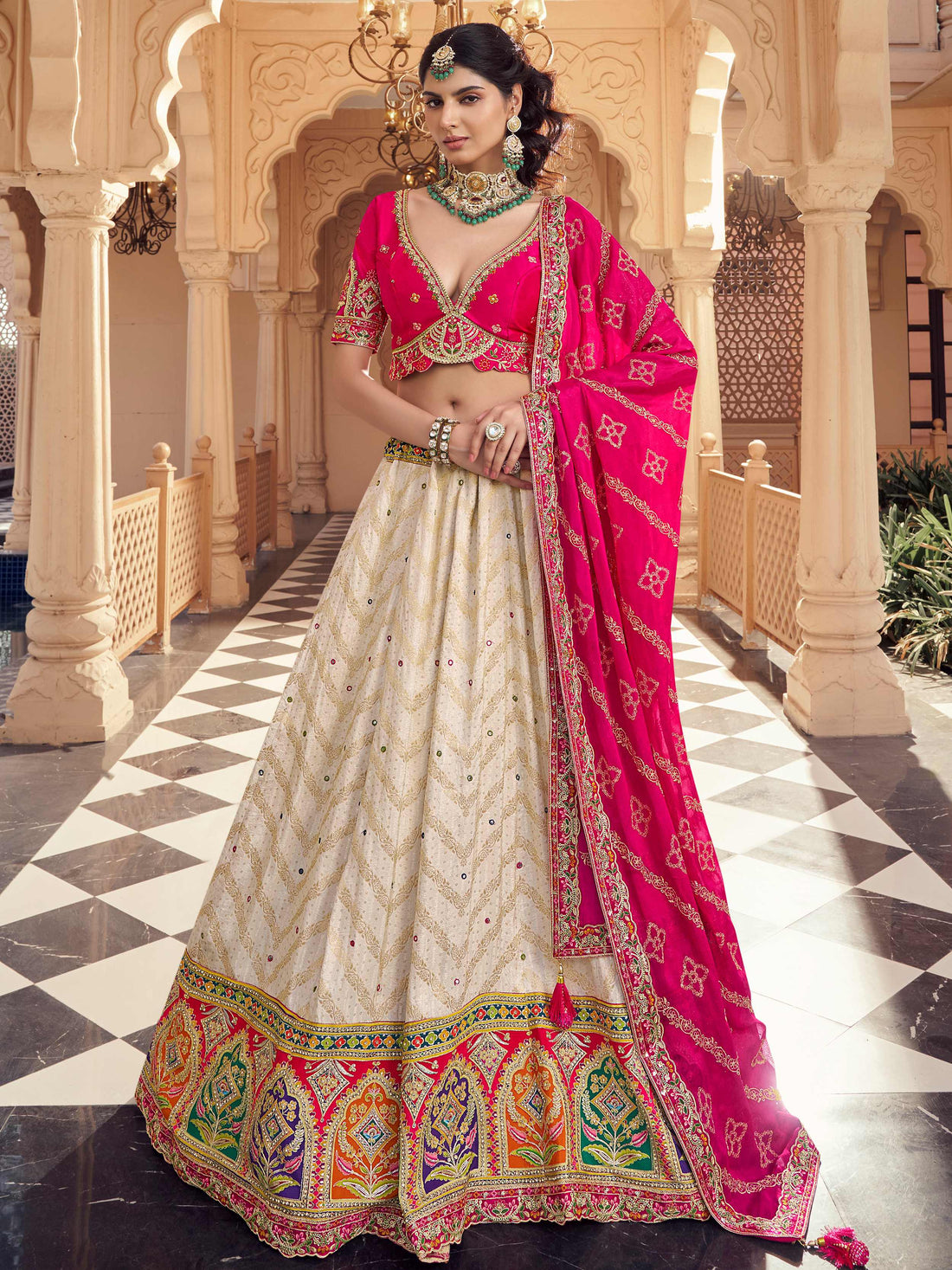 Grand Off-White Zari Weaving Viscose Silk Engagement Wear Lehenga Choli