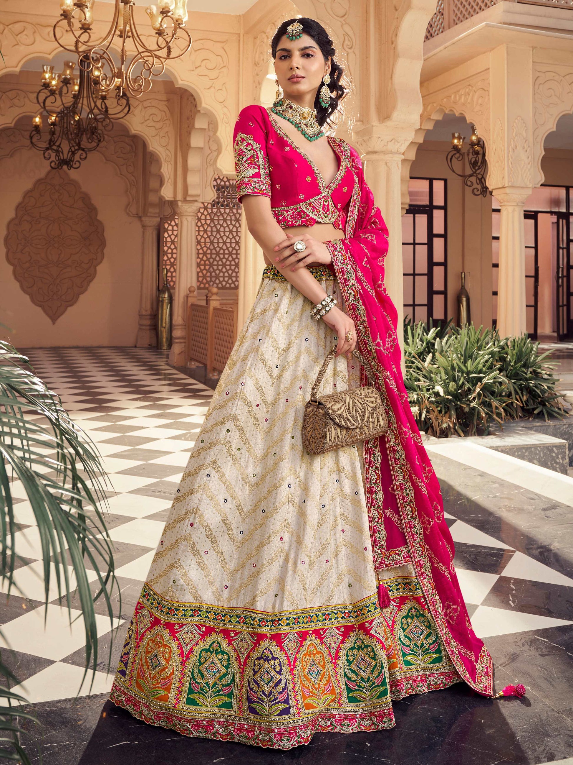 Grand Off-White Zari Weaving Viscose Silk Engagement Wear Lehenga Choli
