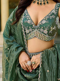 Esthetic Green Hand Embroidery Crush Mehendi Wear Lehenga Choli With Dupatta