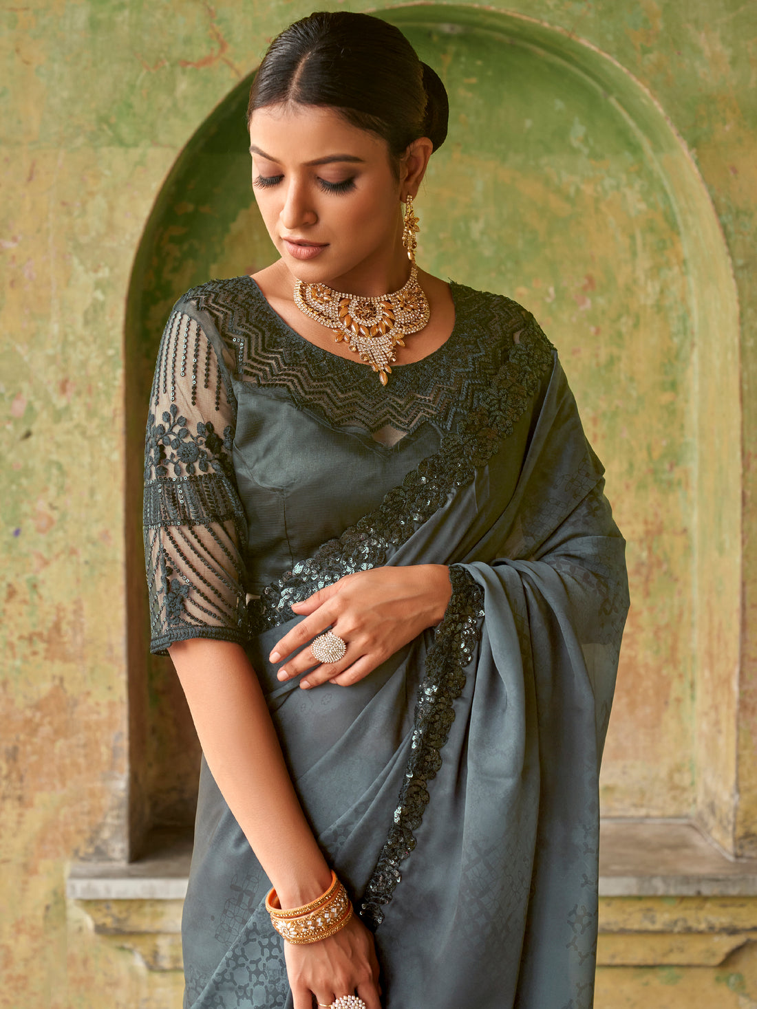 Wonderful Black Embroidered Satin Party Wear Saree With Blouse