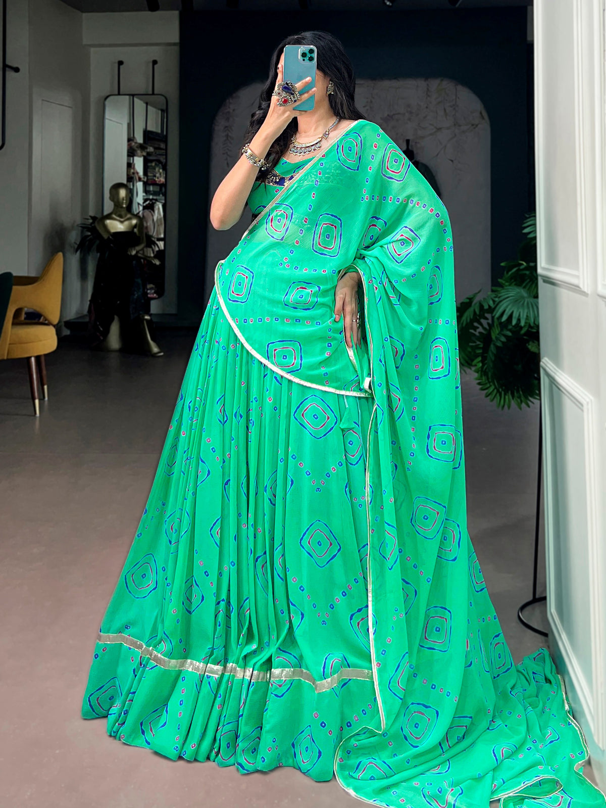Fresh Green Bandhej Print Georgette Navratri Wear Lehenga Choli