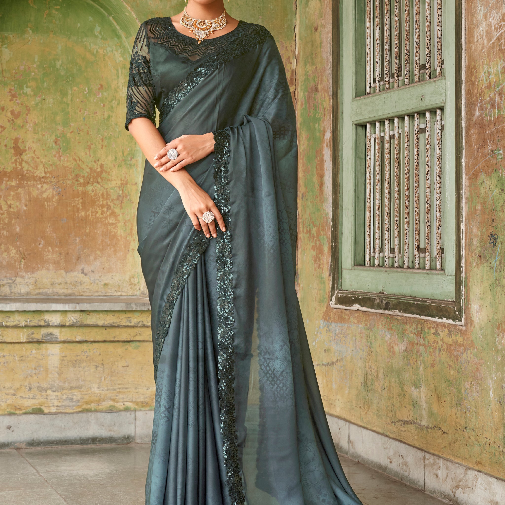 Wonderful Black Embroidered Satin Party Wear Saree With Blouse